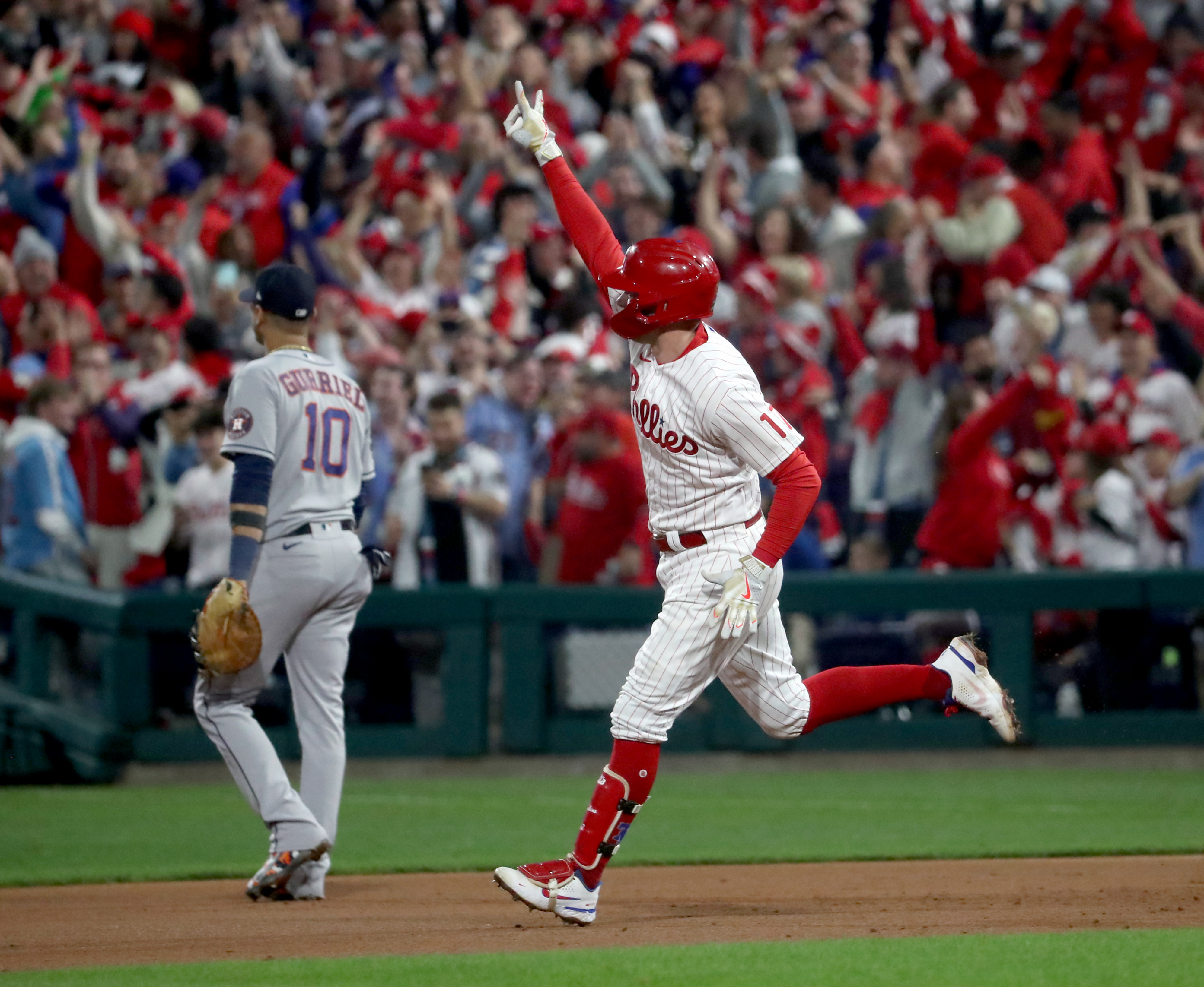 Rhys Hoskins (17) of the Philadelphia Phillies celebrates a home run in the fifth inning during World Series Game 3 against the Houston Astros at Citizens Bank Park, Tuesday, Nov. 1, 2022. The home run gave the Phillies a 7-0 lead.