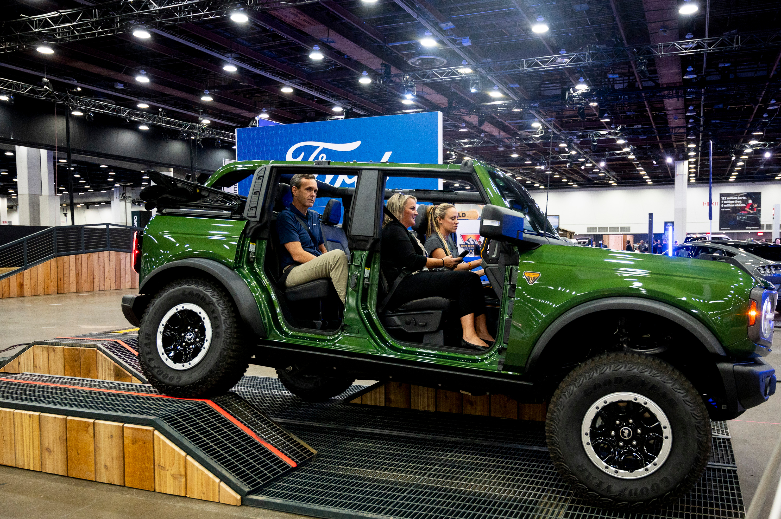 A Ford Bronco navigates an obstacle course during the 2022 North American International Auto Show at Huntington Place in Detroit on Wednesday, Sept. 14 2022.