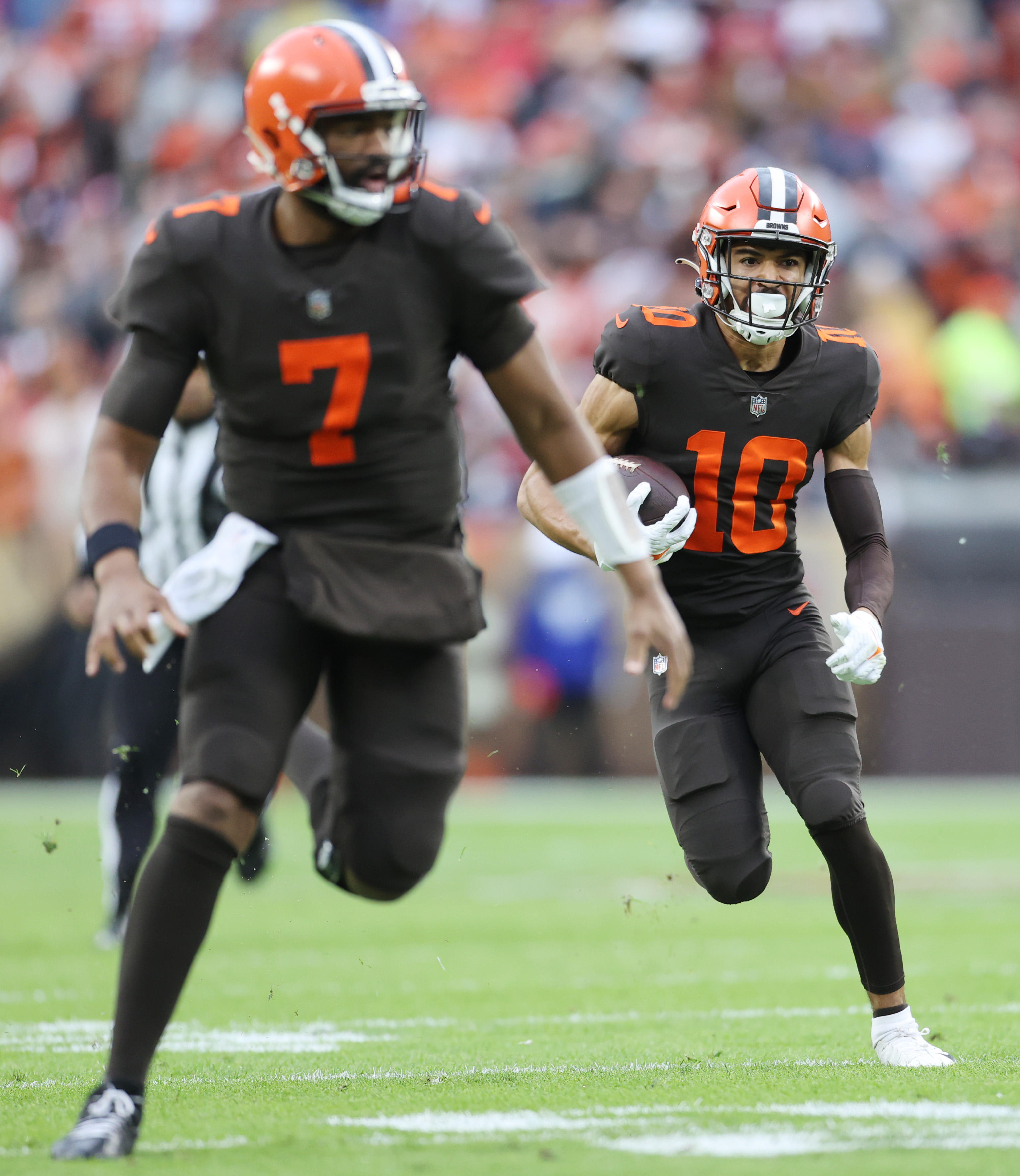 Cleveland Browns quarterback Jacoby Brissett (7) stands on the field during  an NFL football game against the Tampa Bay Buccaneers, Sunday, Nov. 27,  2022, in Cleveland. (AP Photo/Kirk Irwin Stock Photo - Alamy