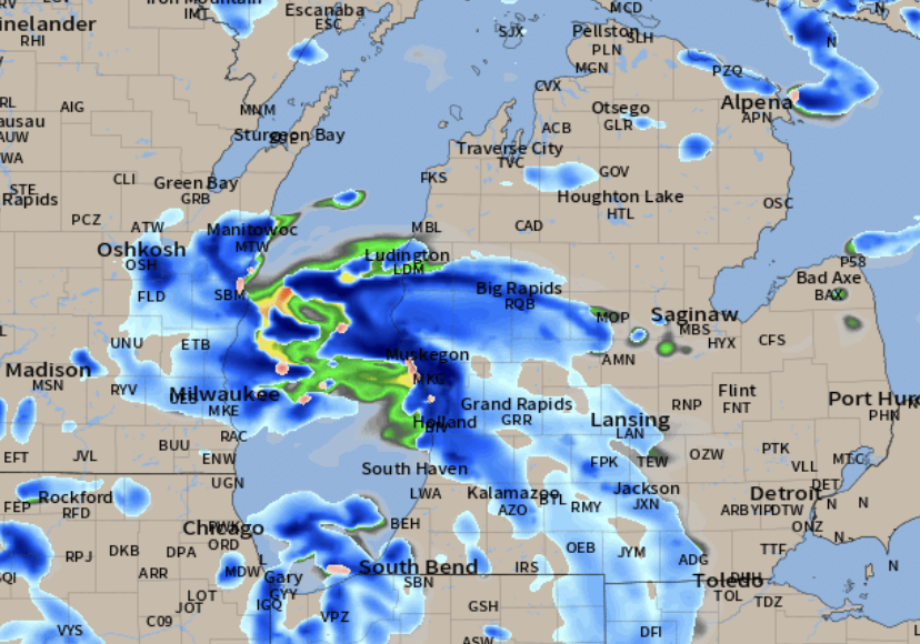 Thunderstorms are very likely to “head the comma” over West Michigan today