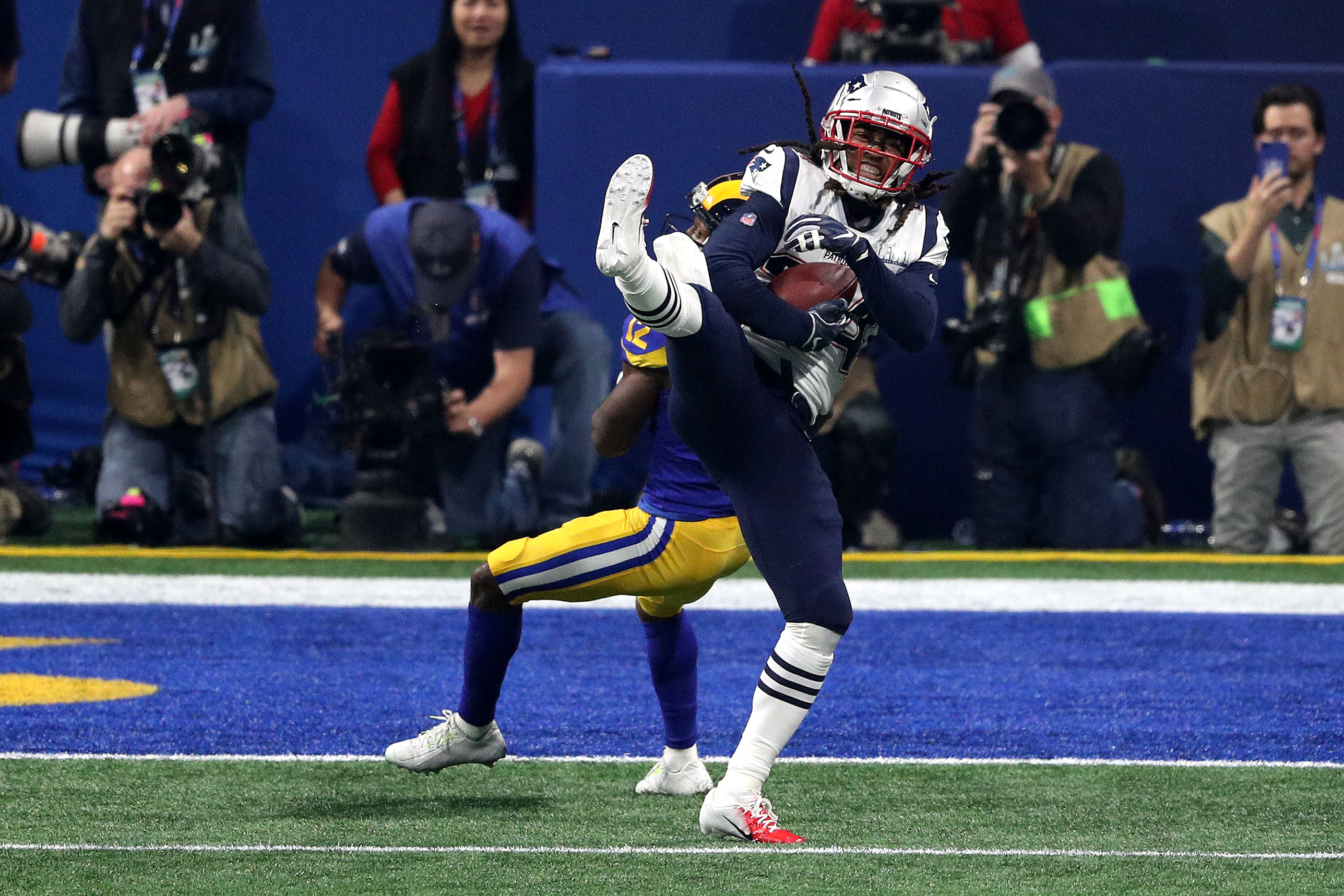 Atlanta, Georgia, USA. 03rd Feb, 2019. New England Patriots cornerback  Stephon Gilmore (24) makes an interception during Super Bowl LIII between  the Los Angeles Rams and the New England Patriots on Sunday