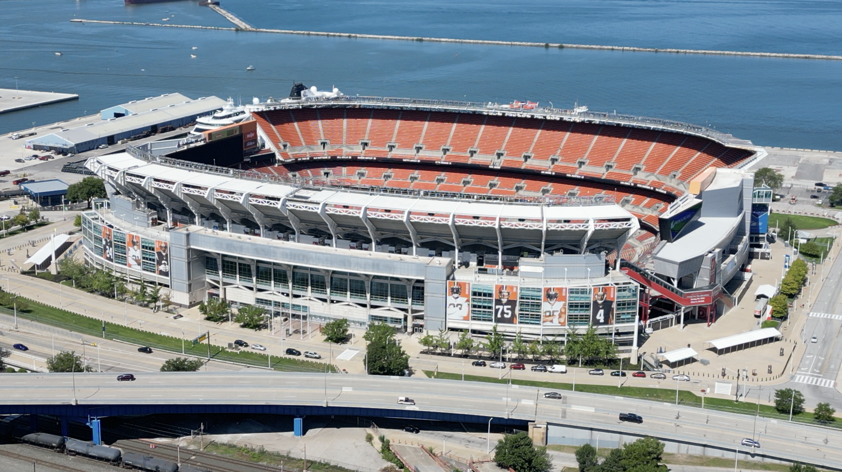 Downtown Cleveland, Ohio on Lake Erie with Baseball & Football Stadiums &  Arena