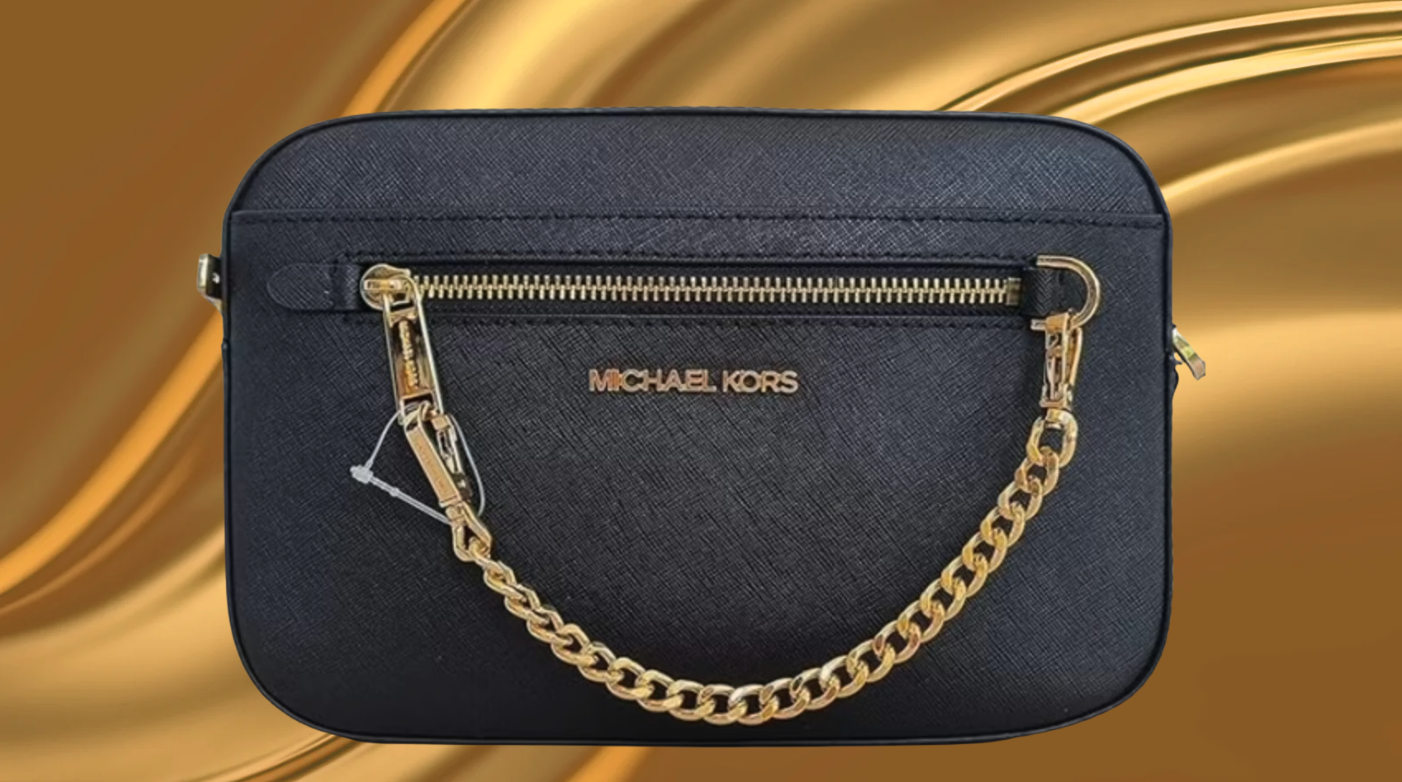 MICHAEL KORSショルダーバッグ Jet Set Small Pebbled Leather Double-Zip Camera Bag, BLACK