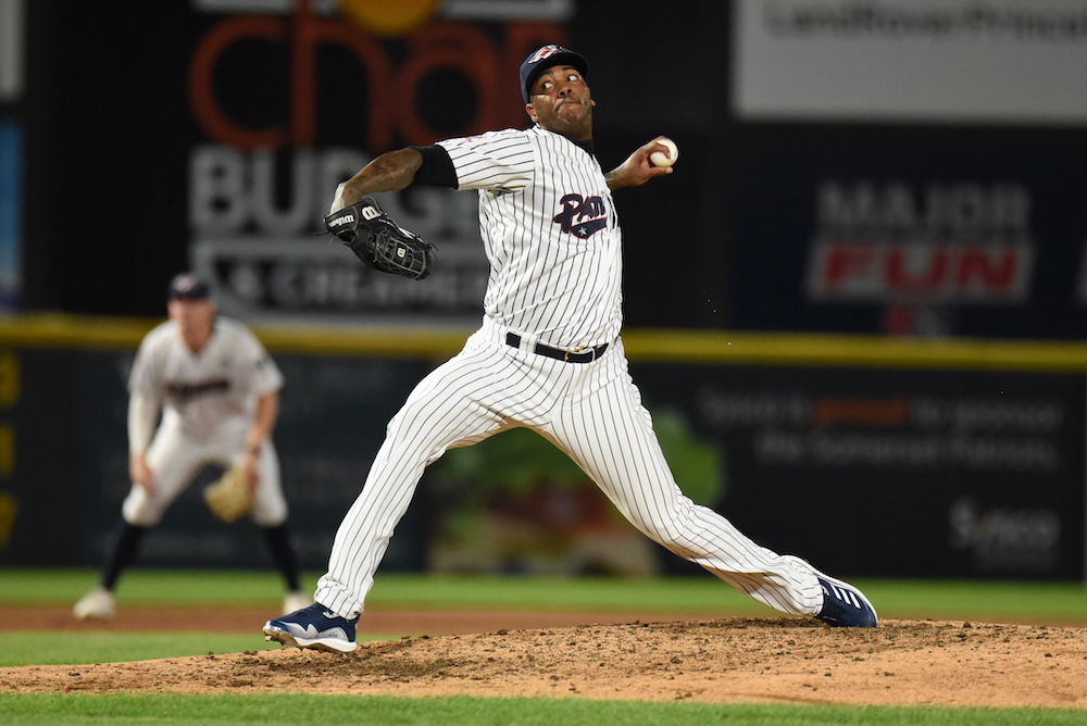 June 16, 2017 - Trenton, New Jersey, U.S - AROLDIS CHAPMAN of the New York  Yankees, who is on the DL, was warming up before pitching in an injury  rehab game with