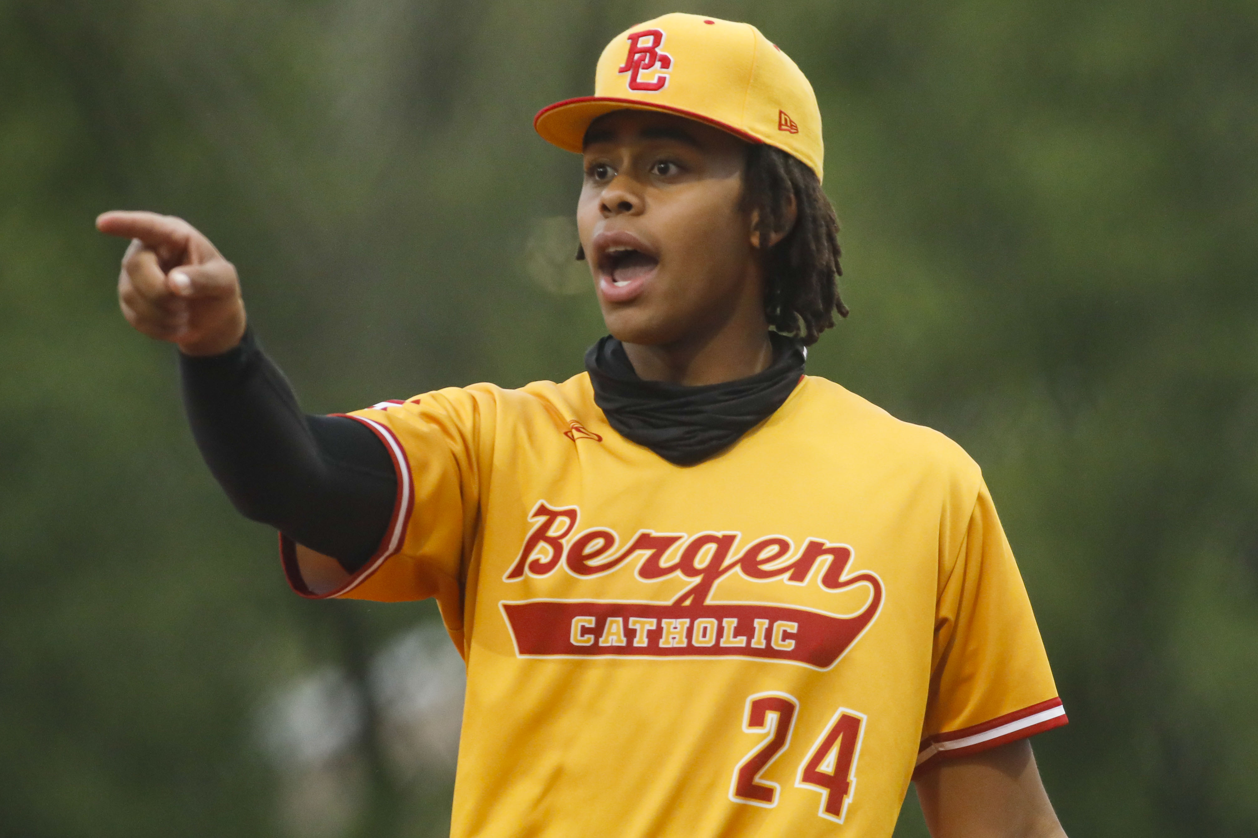 Carsten Sabathia (28) of Bergen Catholic High School in Alpine, New Jersey  during the Perfect Game National Showcase on July 17, 2021 at Tropicana  Field in St. Petersburg, Florida. (Mike Janes/Four Seam