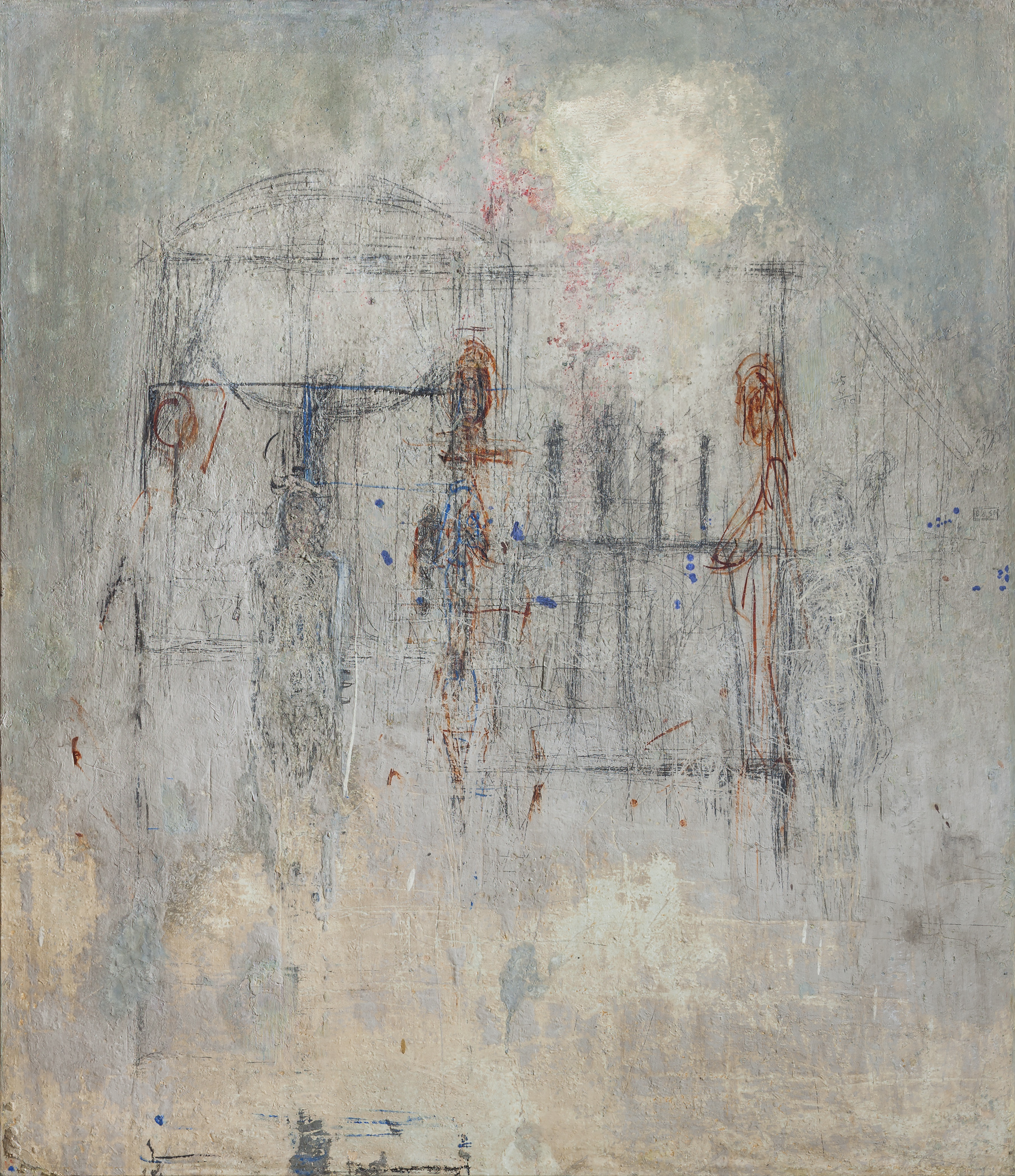 "Studies for The Cage (first version), Four Figurines on a Stand, The Chariot (facing and in profile)," 1949–50. Alberto Giacometti (Swiss, 1901–1966). Fragment of a wall painting; 125 x 107.3 x 2.4 cm. Fondation Giacometti. © Estate of Alberto Giacometti / Artists Rights Society (ARS), New York
