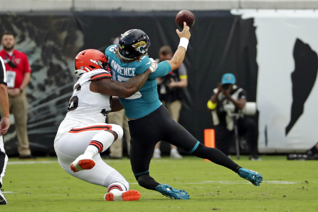 Cleveland Browns wide receiver Travell Harris (83) walks off the field at  the end of an NFL preseason football game against the Jacksonville Jaguars,  Friday, Aug. 12, 2022, in Jacksonville, Fla. The