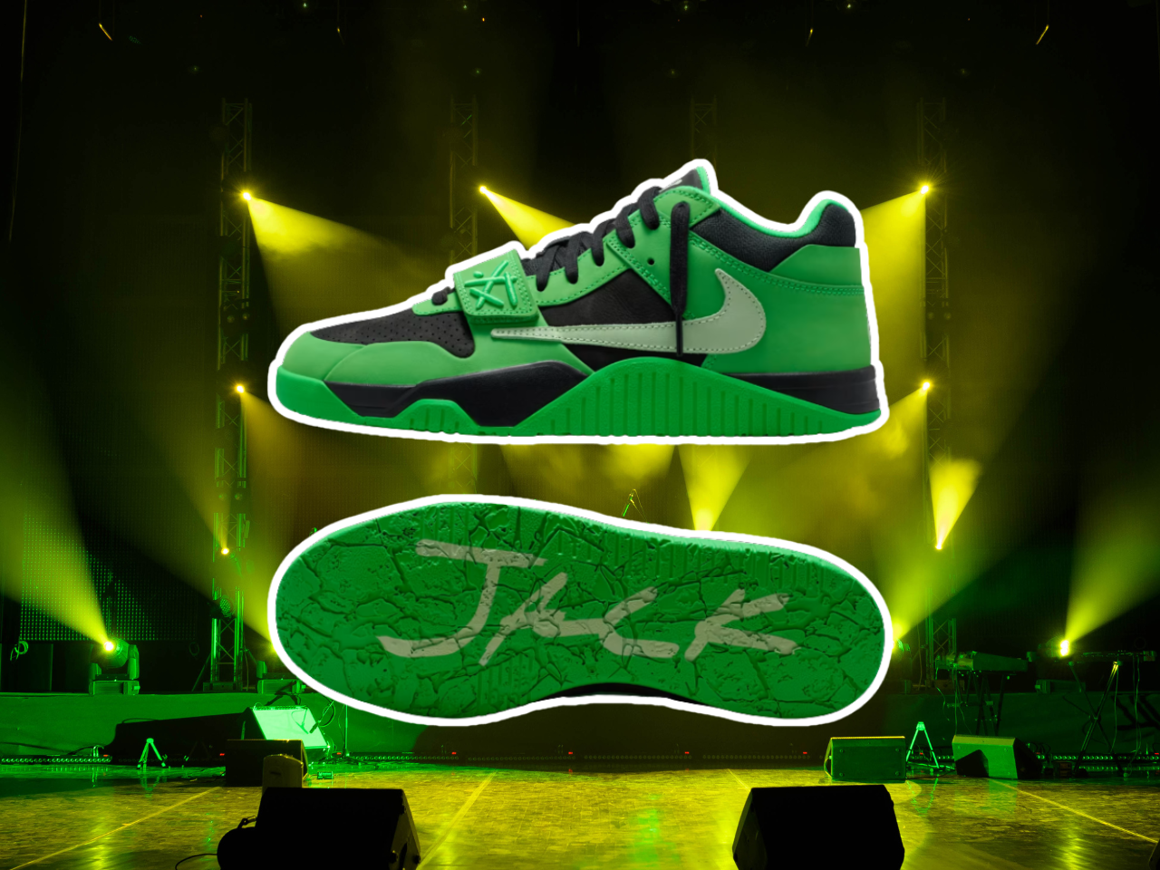 Travis Scott Jordan CJ1 T-Rexx Green Spark shoes drop this weekend