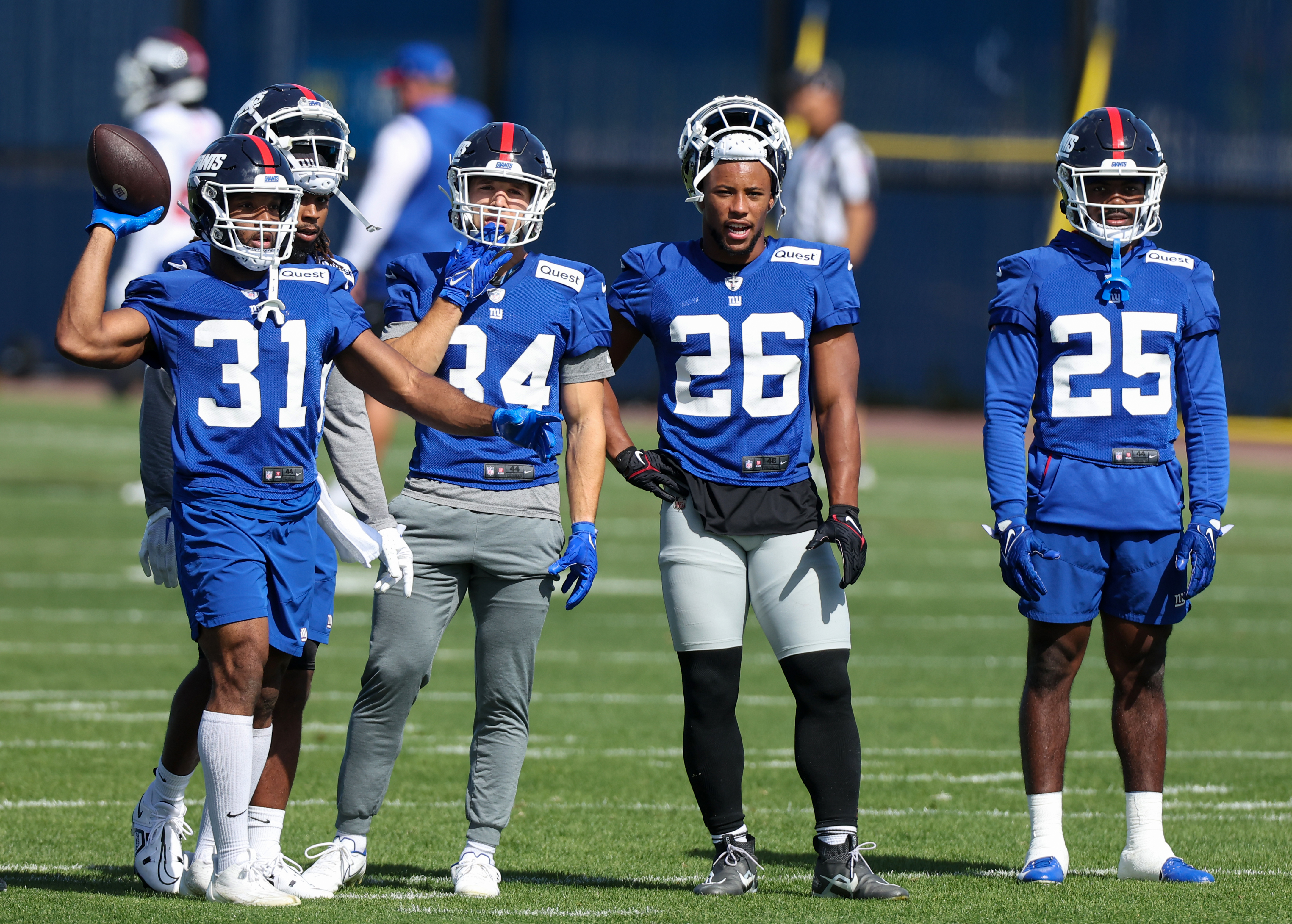 New York Giants running back Sandro Platzgummer (34) practices