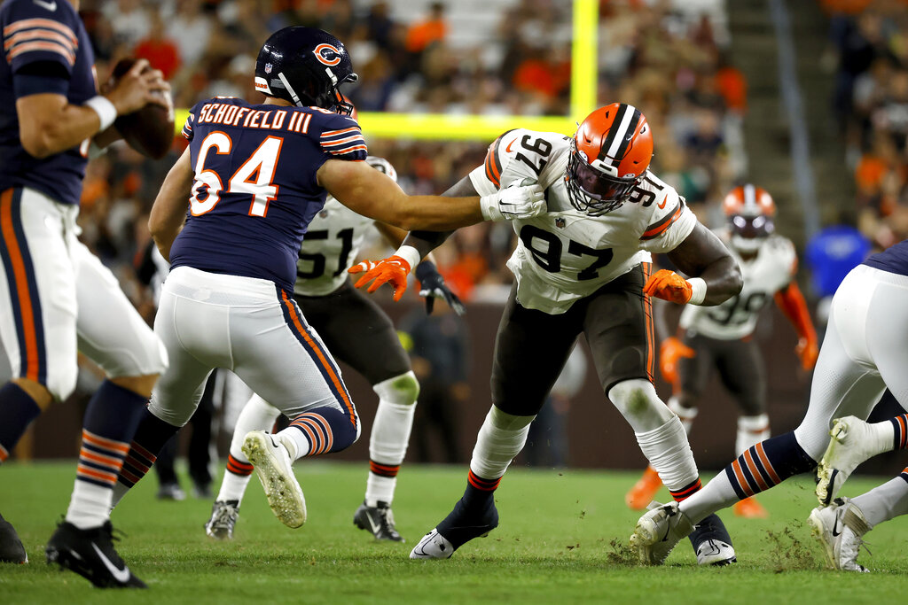 Chicago Bears offensive lineman Michael Schofield III (79) walks off the  field following an NFL football game against the New England Patriots,  Monday, Oct. 24, 2022, in Foxborough, Mass. (AP Photo/Stew Milne