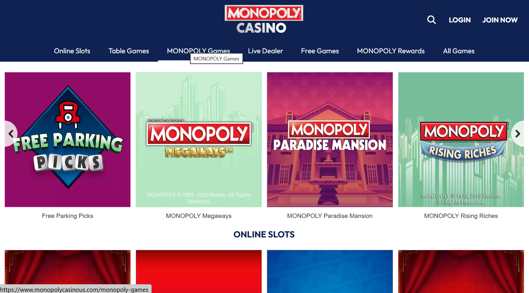 Interfaz de Monopoly Casino mostrando tragamonedas temáticas