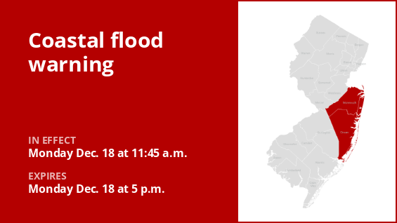 A coastal flood warning for Monmouth and Ocean counties until early Monday evening