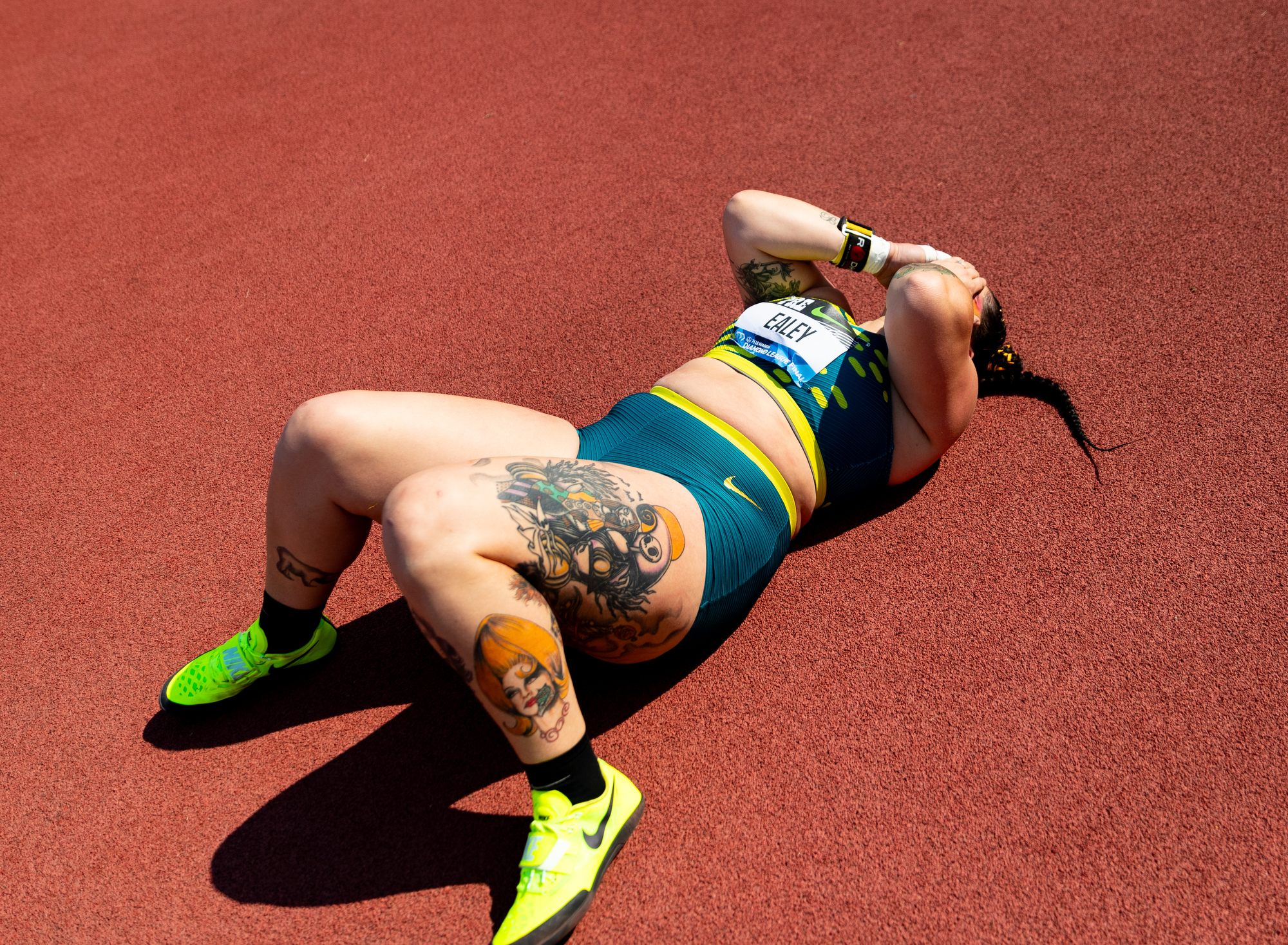 Chase Ealey of the United States celebrates after winning the women’s shot put at the Prefontaine Classic track and field meet on Saturday, Sept. 16, 2023, at Hayward Field in Eugene. Eale set a new American record with a throw of 68 feet, 1½ inches.