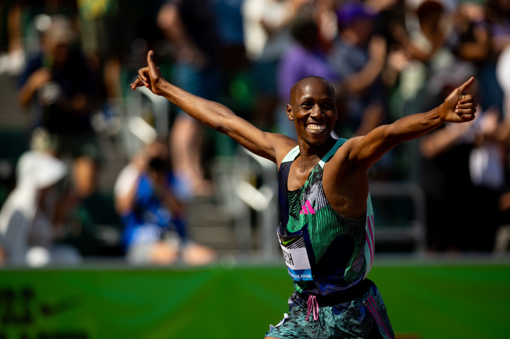 Simon Kiprop Koech of Kenya celebrates as he wins the men's steeplechase at the Prefontaine Classic track and field meet on Saturday, Sept. 16, 2023, at Hayward Field in Eugene.