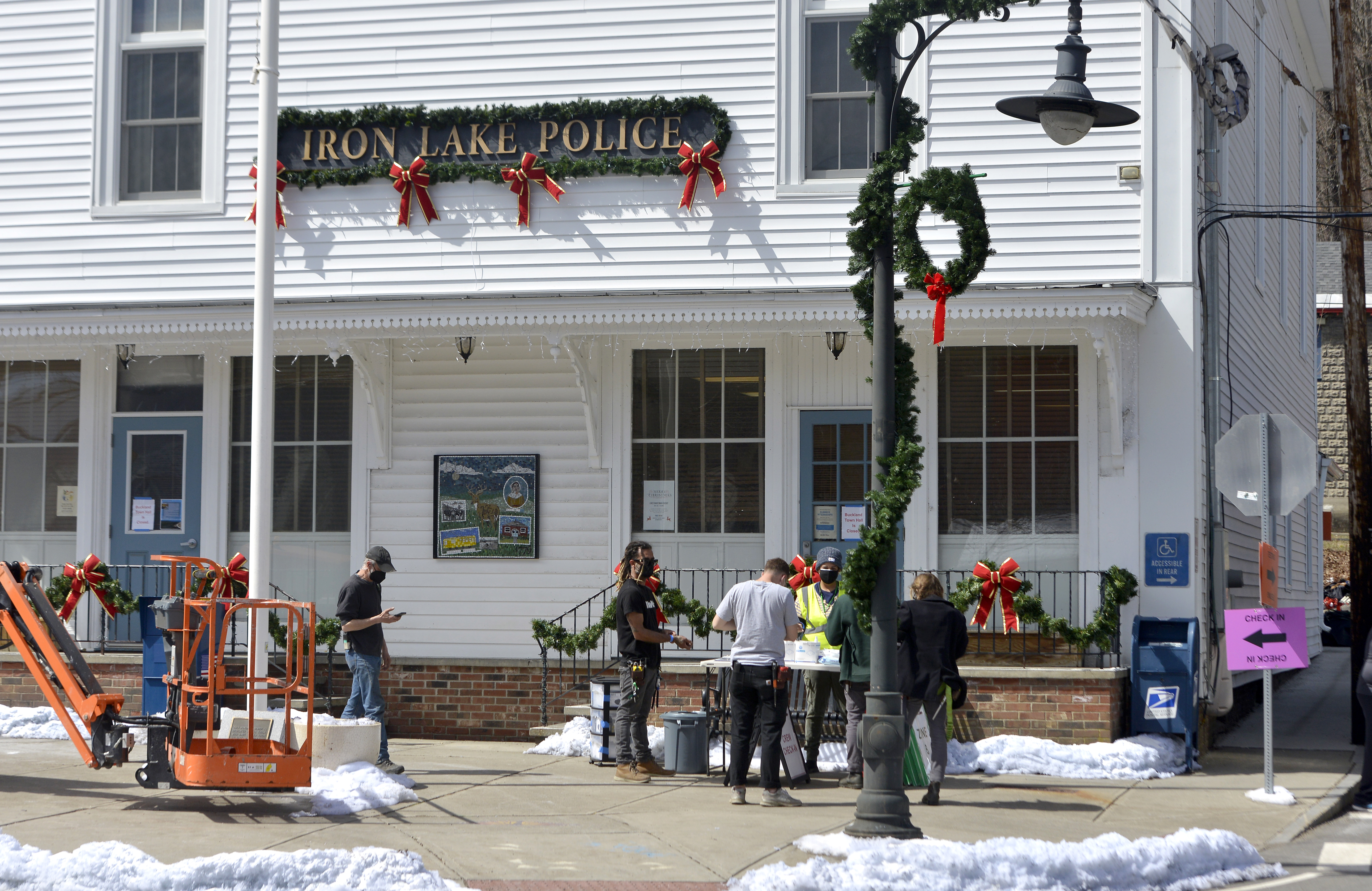 The Buckland Town Hall has been transformed into the fictional Iron Lake Police headquarters for the filming of the show Dexter in Shelburne Falls, April 7, 2021.  (Don Treeger / The Republican)
