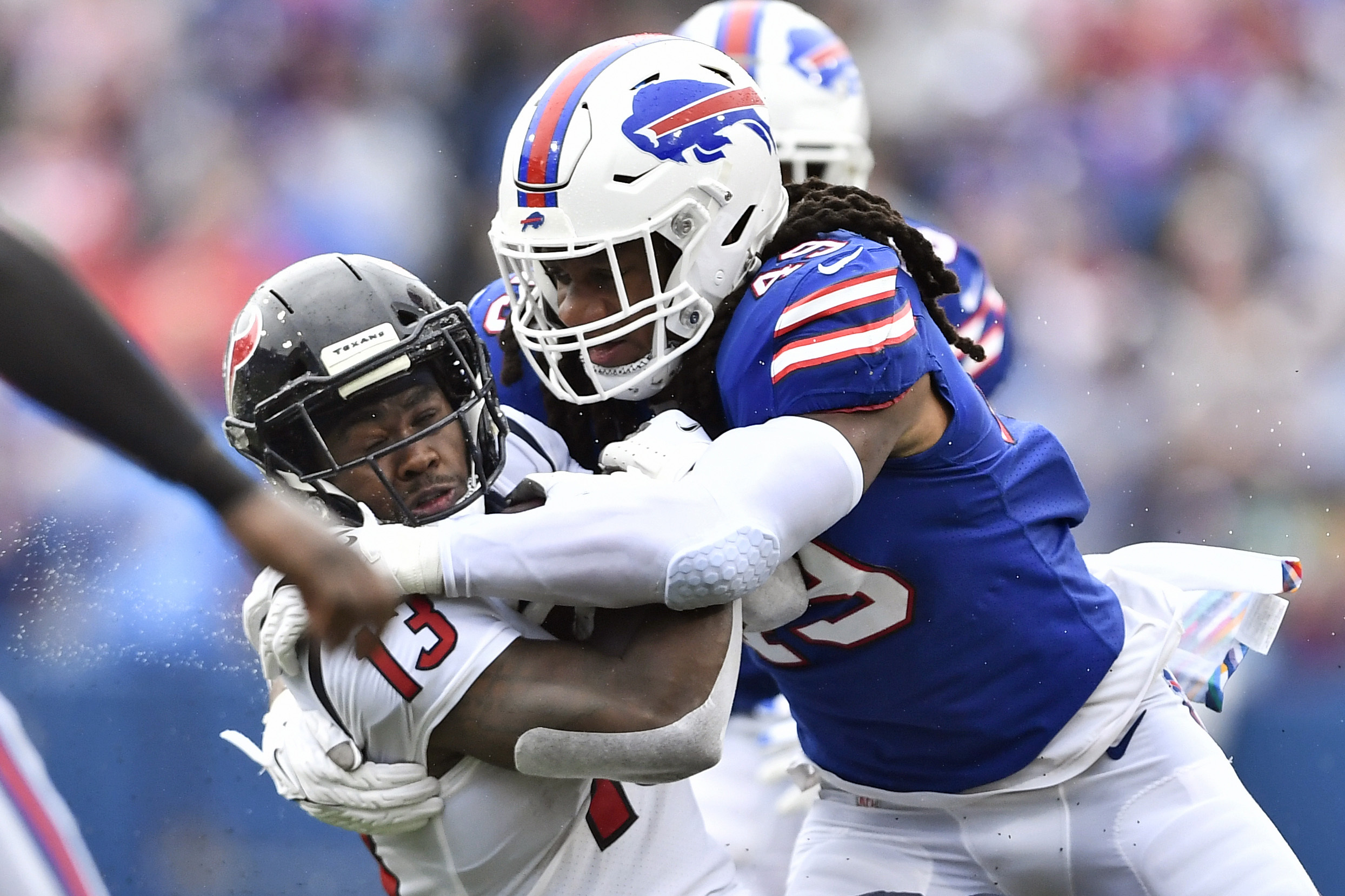 Buffalo Bills wide receiver Cole Beasley (11) rushes against Houston Texans  cornerback Tavierre Thomas (37) during the second half of an NFL football  game, Sunday, Oct. 3, 2021, in Orchard Park, N.Y. (