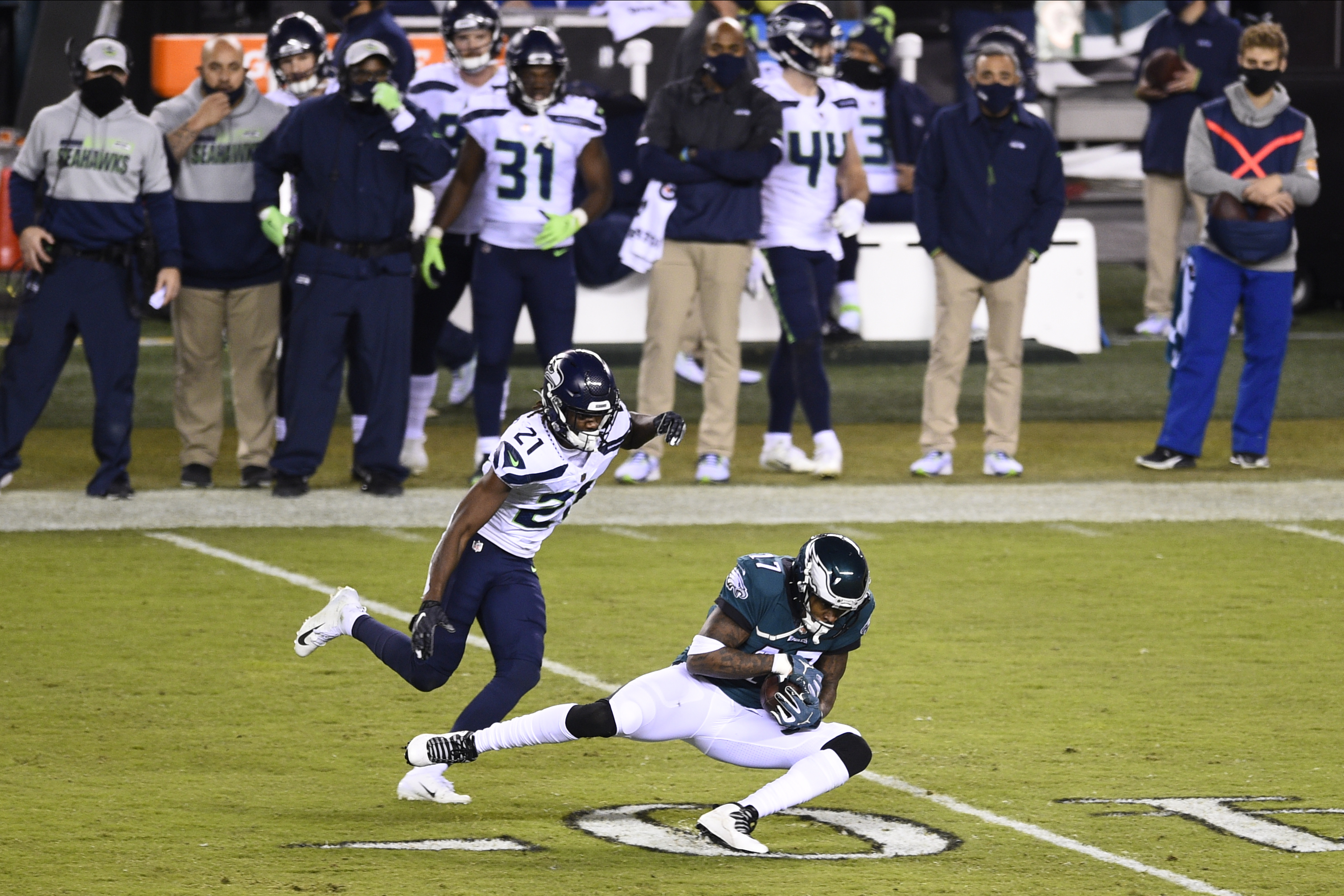 Philadelphia Eagles defensive back K'Von Wallace (42) drops in