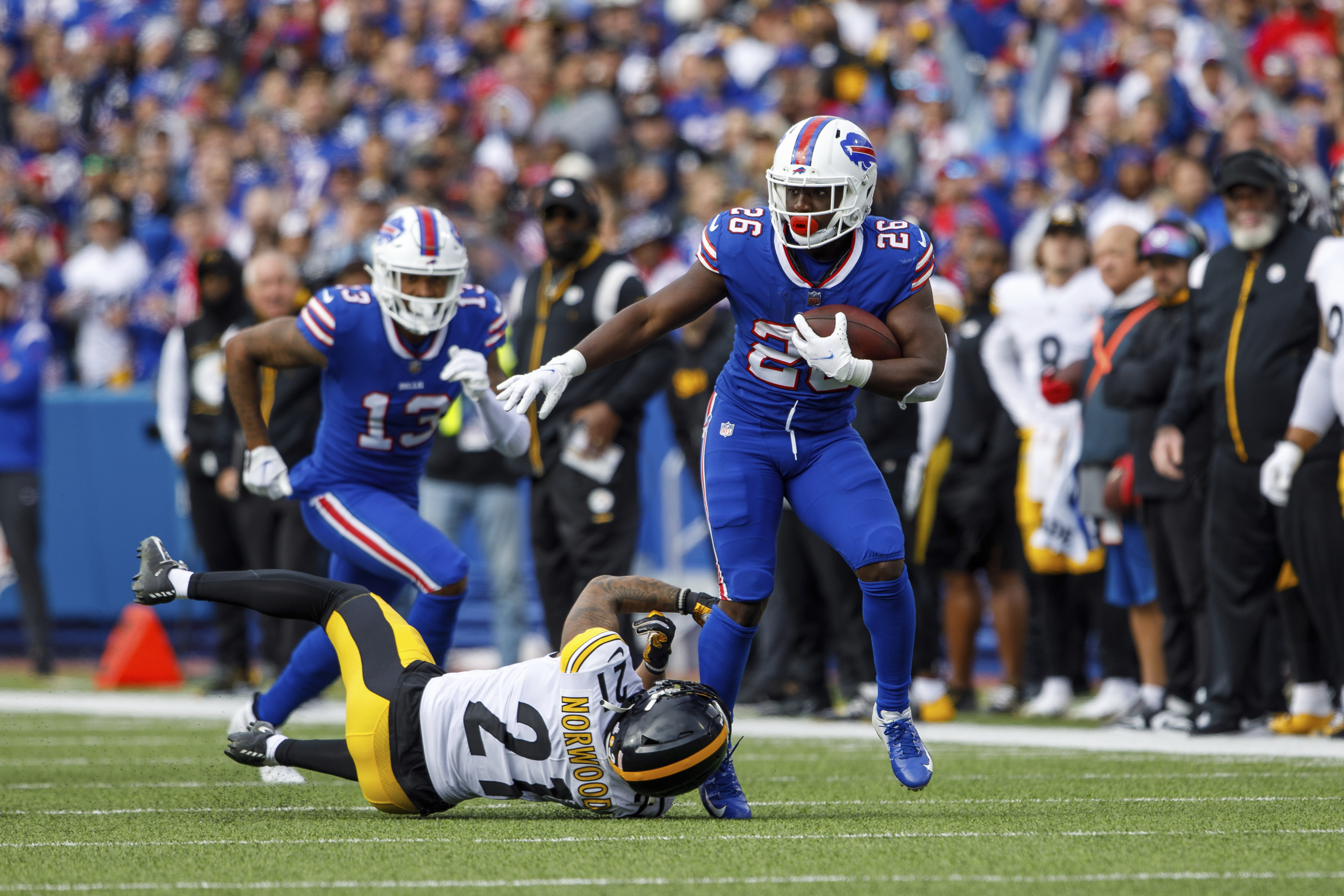 This is the NFL logo on the field at Highmark Stadium before an NFL football  game between the Pittsburgh Steelers and the Buffalo Bills in Orchard Park,  N.Y., Sunday, Oct. 9, 2022. (