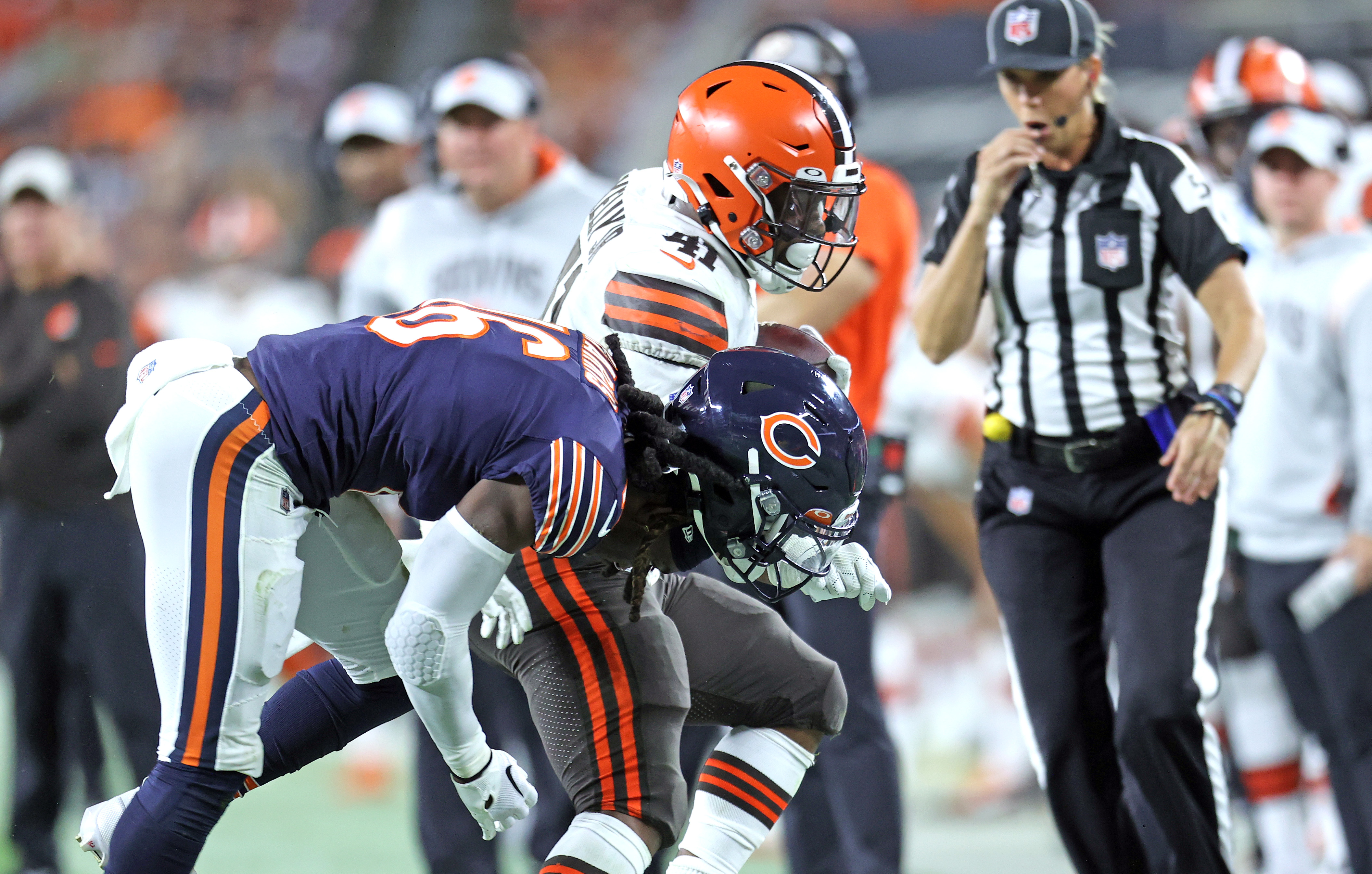 Chicago Bears tight end Ryan Griffin (84) celebrates after making a  touchdown against the Cleveland Browns during the first half of an NFL  preseason football game, Saturday, Aug. 27, 2022, in Cleveland. (