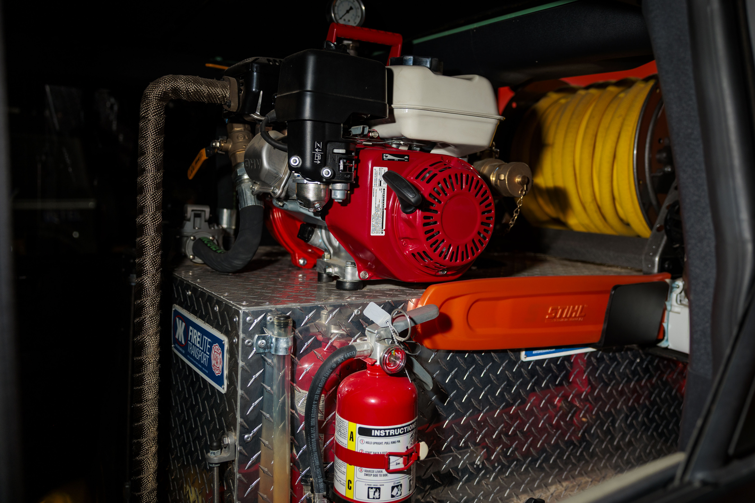 Firefighting equipment inside a Search and Rescue-styled Ford Bronco during a Ford Motor Company event ahead of the Detroit Auto Show at Huntinton Place in Detroit on Tuesday, Jan. 13 2026.