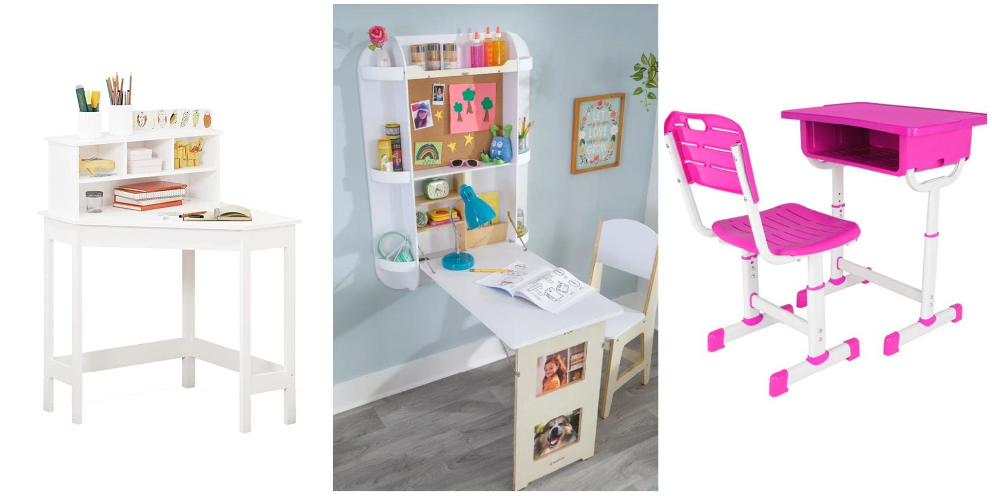 Utex Kids Desk and Chair Set, Study Desk for Kids with Storage Bins, Wooden Children Study Table, Student Writing Desk for Bedroom & Study Room, White