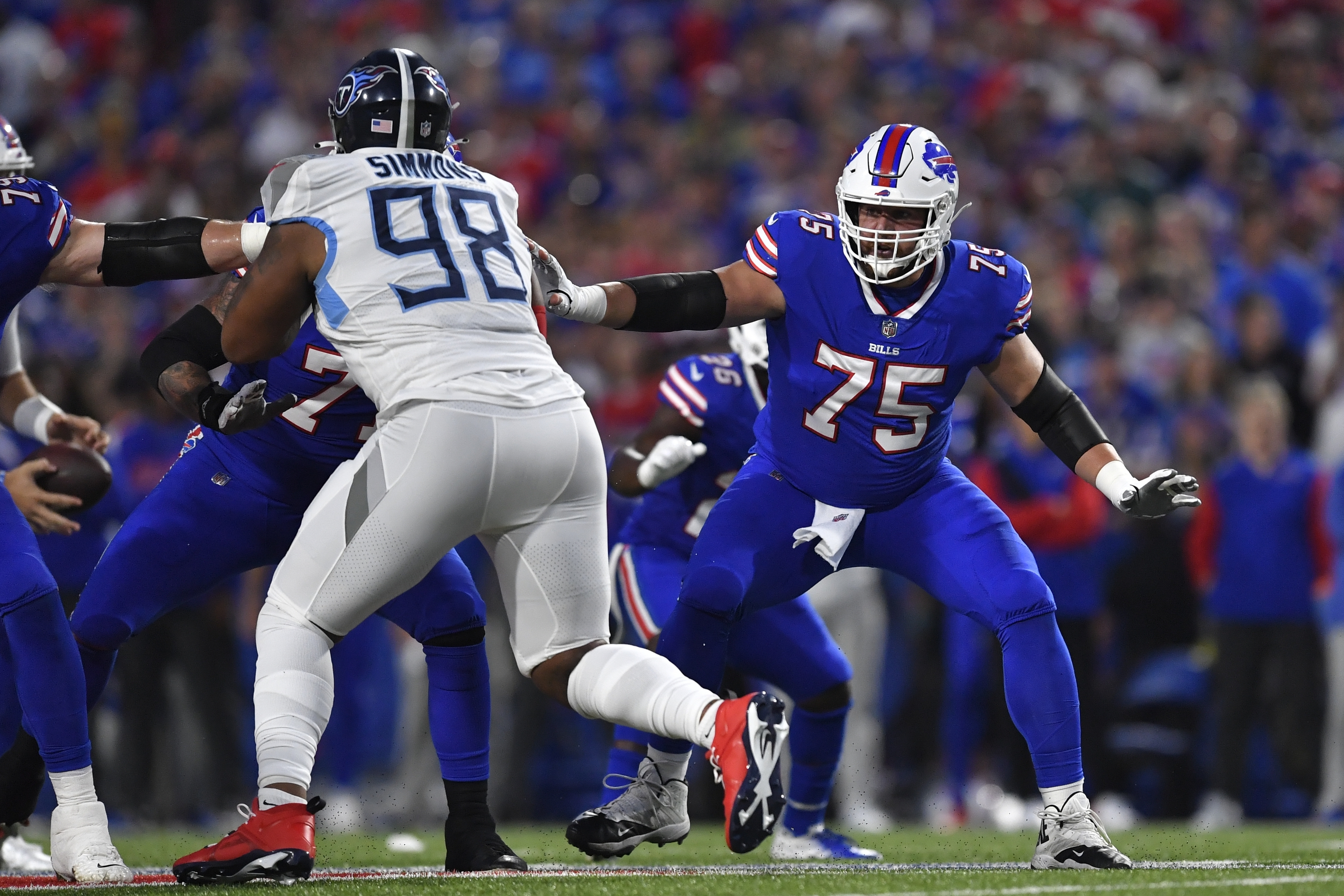 Buffalo Bills tackle Spencer Brown (79) looks to block during the second  half an NFL football game against the Tennessee Titans in Orchard Park,  N.Y., Monday, Sept. 19, 2022. (AP Photo/Adrian Kraus