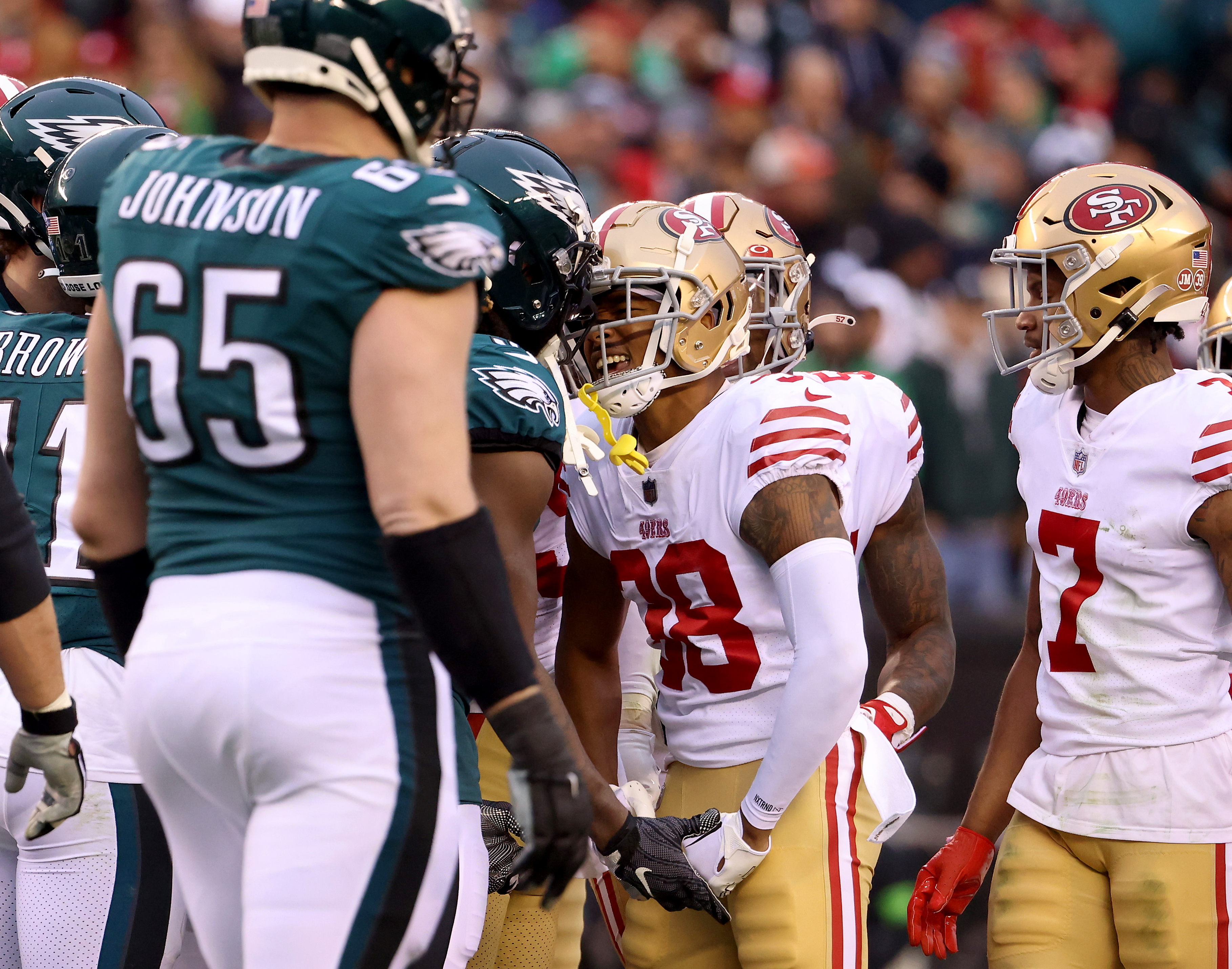 Jan 29, 2023; Philadelphia, Pennsylvania, USA; San Francisco 49ers  linebacker Azeez Al-Shaair (51) warms up before the start of NFC  Championship against the Philadelphia Eagles in Philadelphia, Pennsylvania.  Mandatory Credit Eric Canha/CSM/Sipa