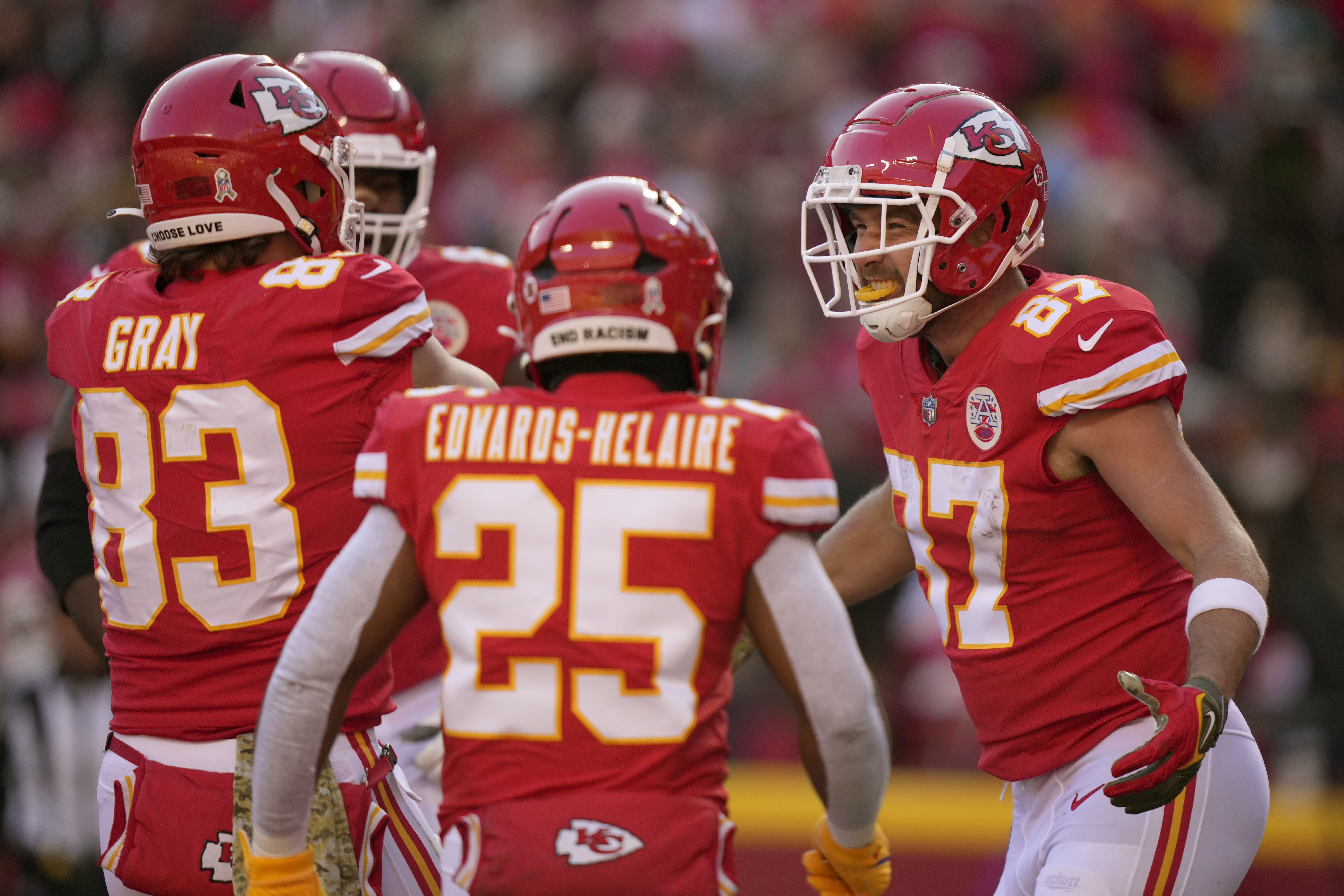 Kansas City Chiefs tight end Noah Gray (83) congratulates Kansas