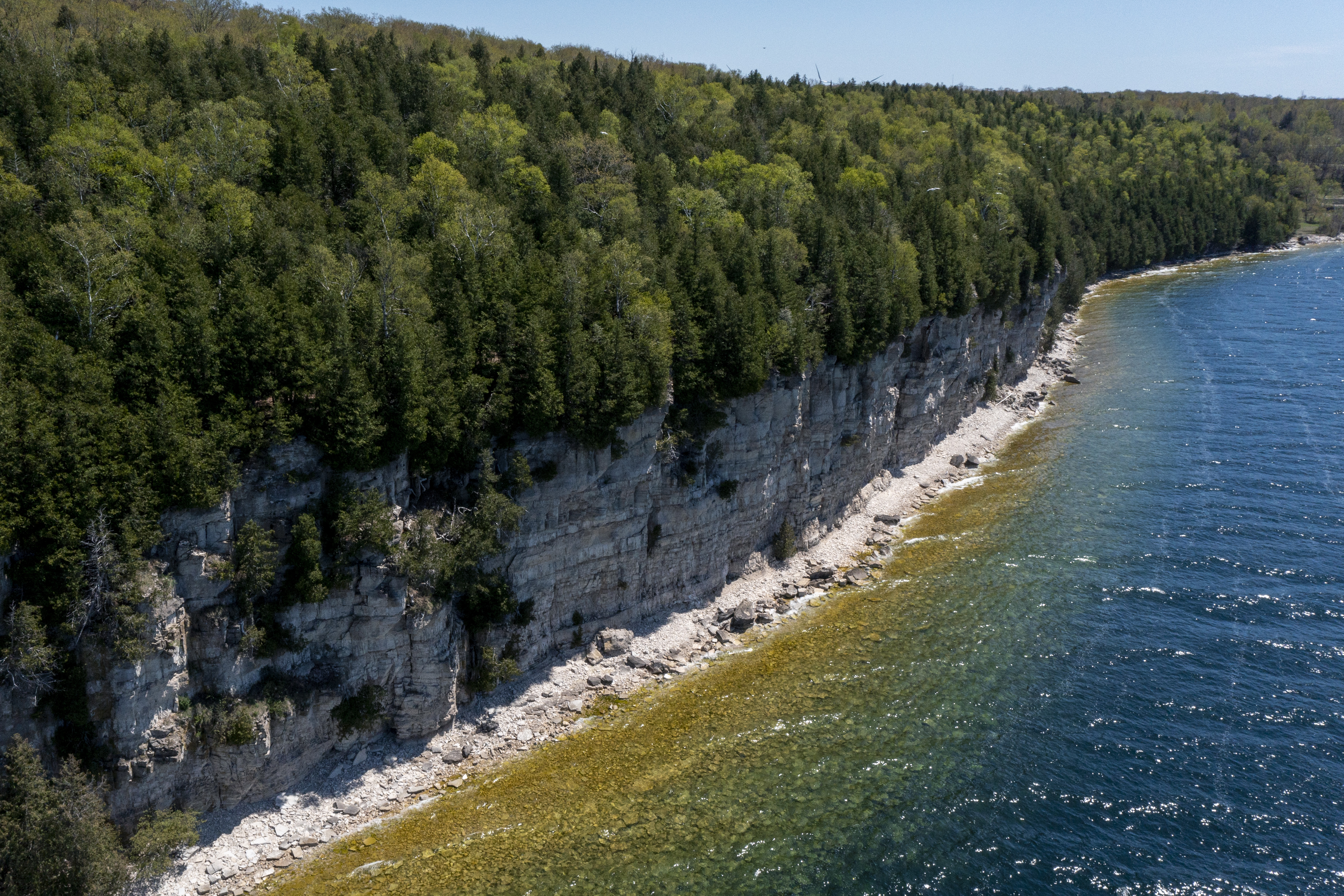 White dolomite limestone cliffs along Lake Michigan at Fayette Historic State Park near Garden on Tuesday, May 17, 2022. The scraggly white cedars growing from the cliff face are among the slowest-growing trees in the world and some are estimated to be more than 1,400 years old, according to research from the University of Guelph in Ontario. (Drone image by Cory Morse | MLive.com)
