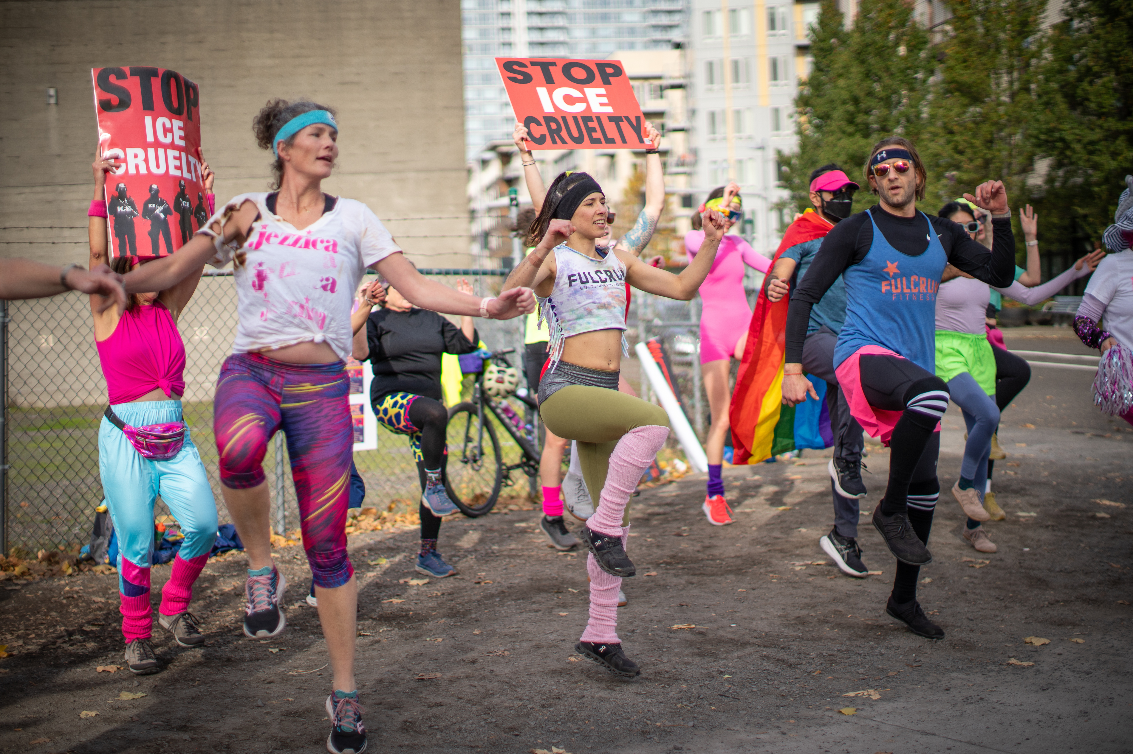 Participants in Fulcrum Fitness’s “Sweatin’ Out the Fascists” held an ’80s-aerobics peaceful protest outside the U.S. Immigration and Customs Enforcement (ICE) facility in South Portland on Sunday, Nov. 9, 2025, collecting donations for the Oregon Food Bank.