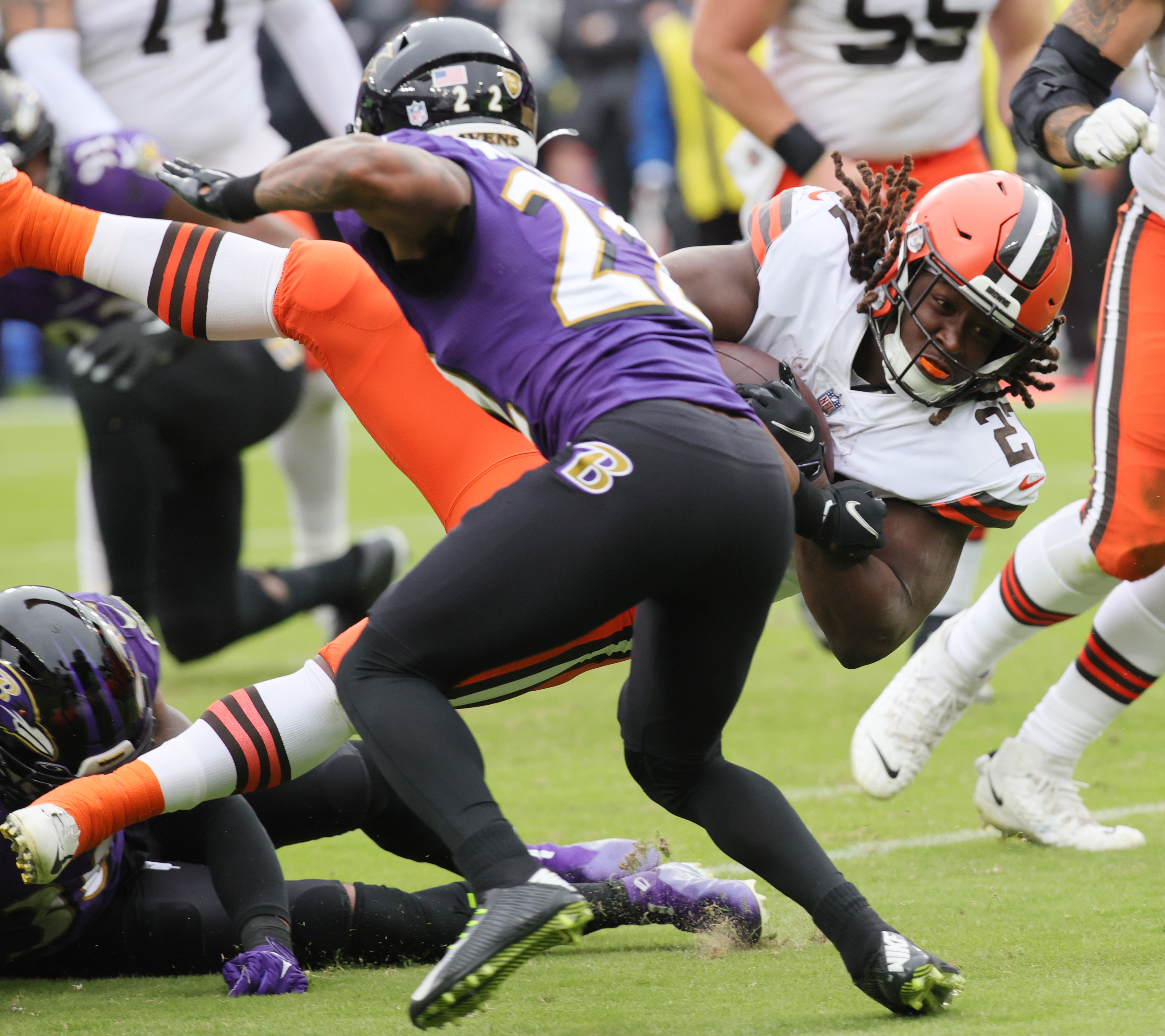 Baltimore Ravens cornerback Damarion Williams (22) jogs off the