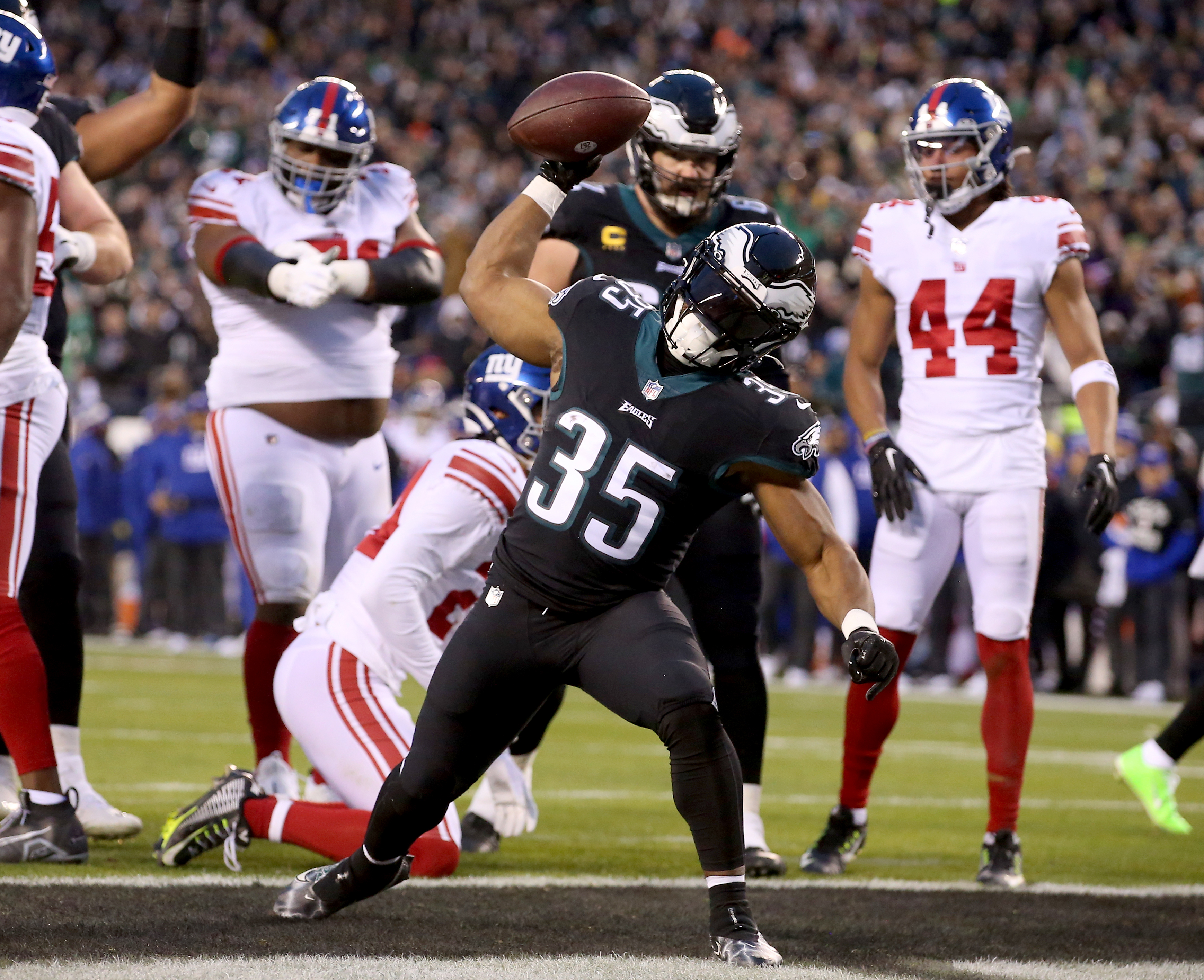 Philadelphia Eagles running back Boston Scott (35) in action as he