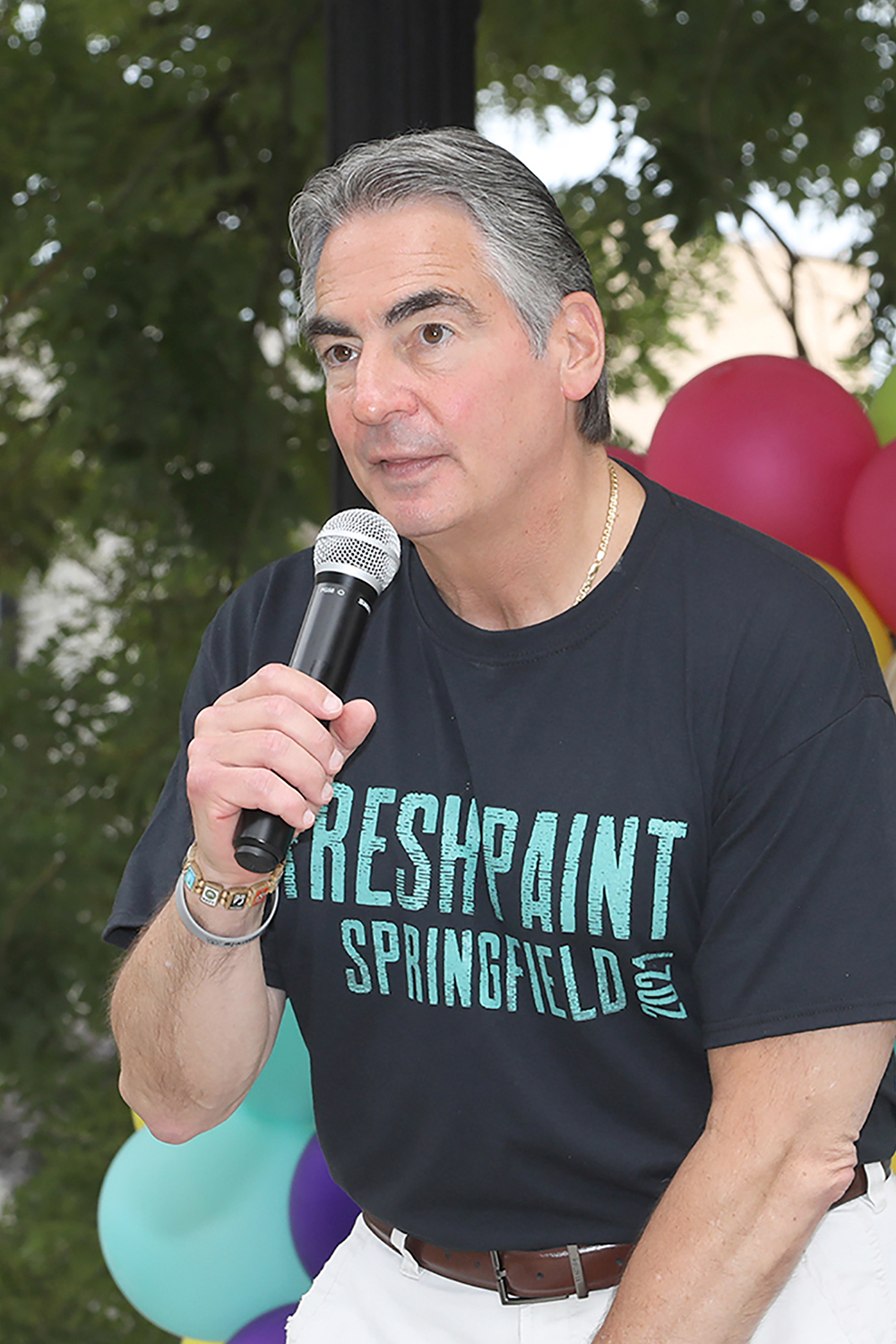 Springfield Mayor Domenic Sarno thanked participants for creating the Chalk for Change event at Springfield’s Court Square on July 16th. (Ed Cohen Photo)