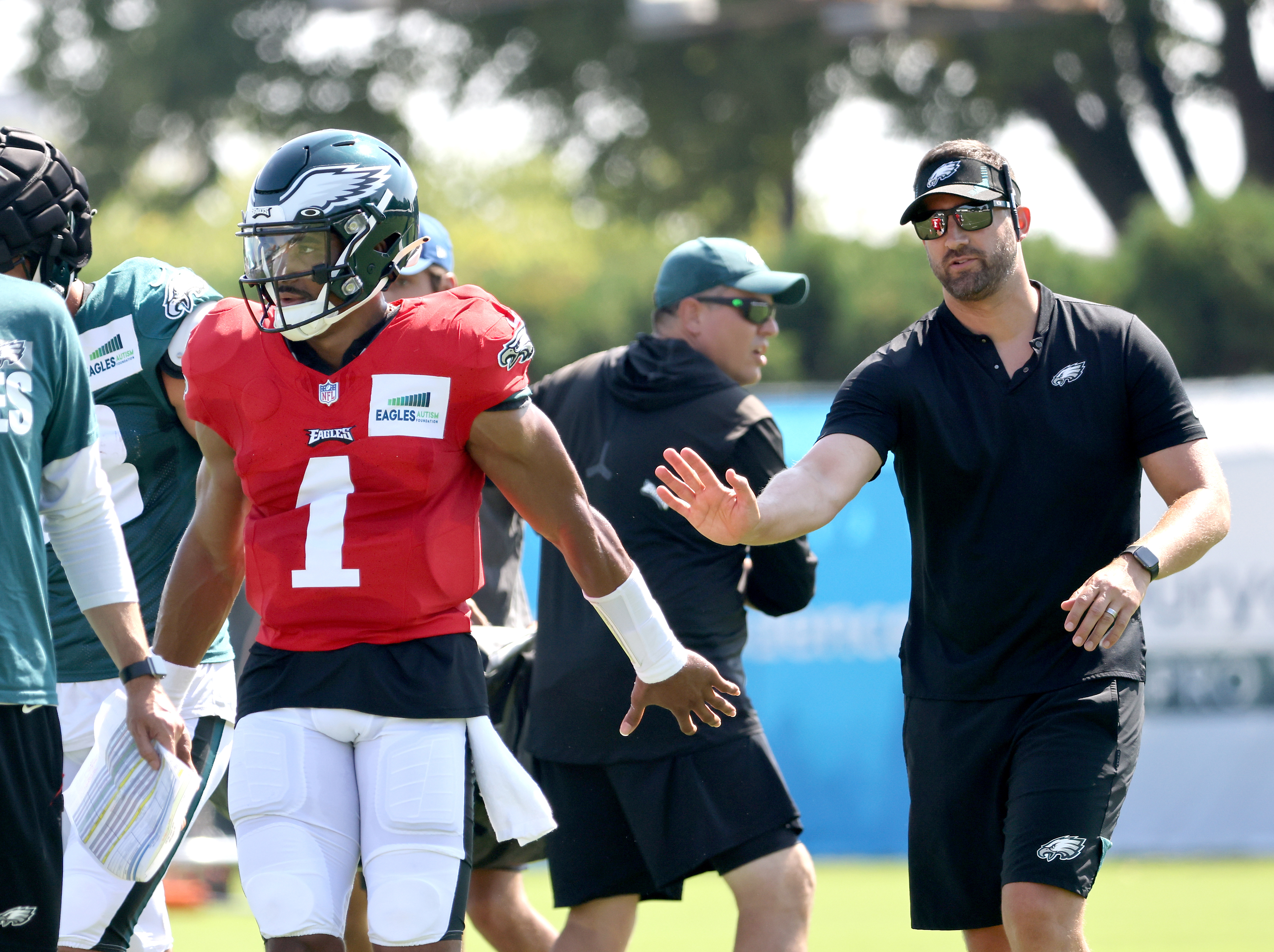 PHILADELPHIA, PA - AUGUST 03: Philadelphia Eagles linebacker Shaun Bradley ( 54) warms up during the Philadelphia Eagles training camp on August 03,  2021 at NovaCare Training Complex in Philadelphia ,PA.(Photo by Andy