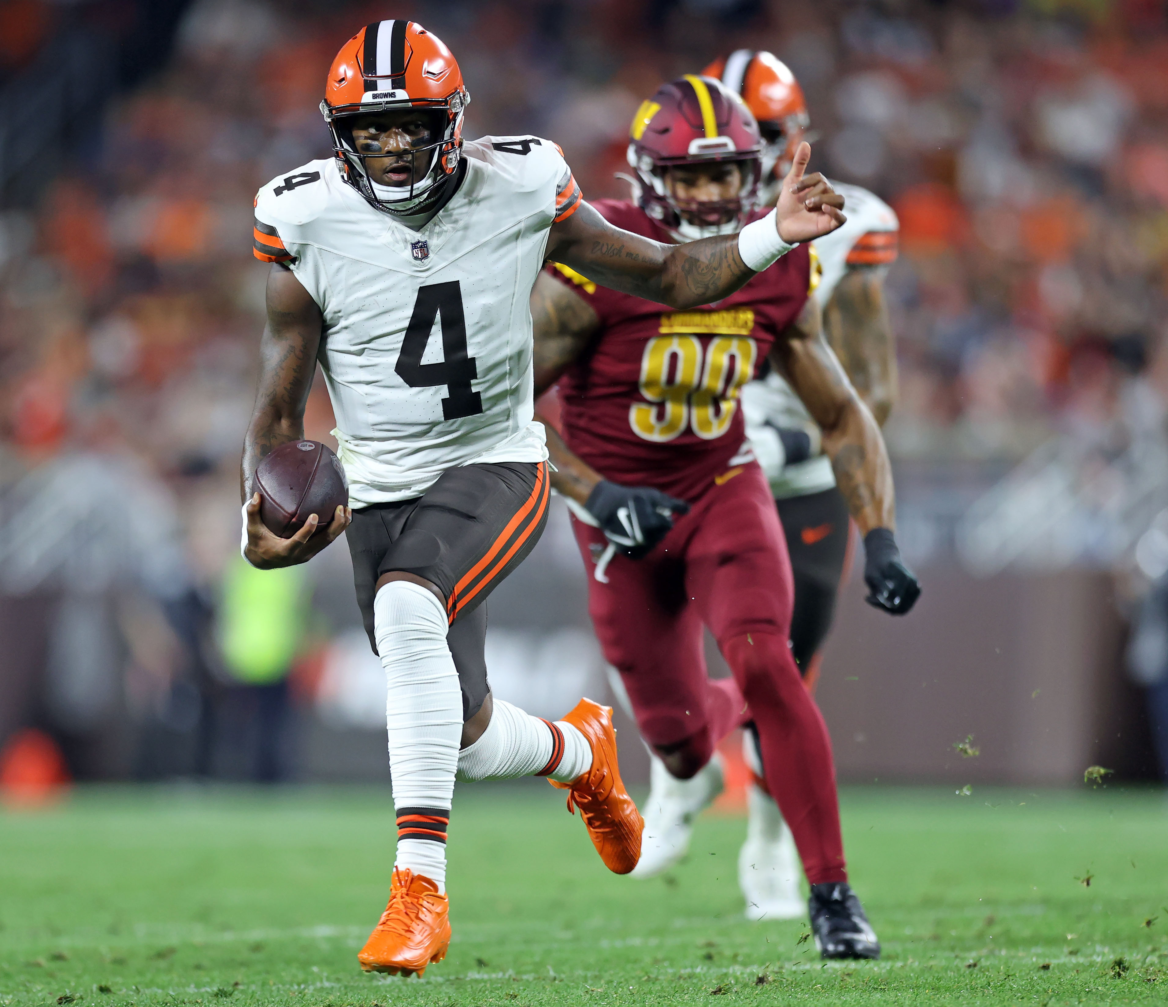 Josh Sweat sacks the Browns' Deshaun Watson in joint practice as