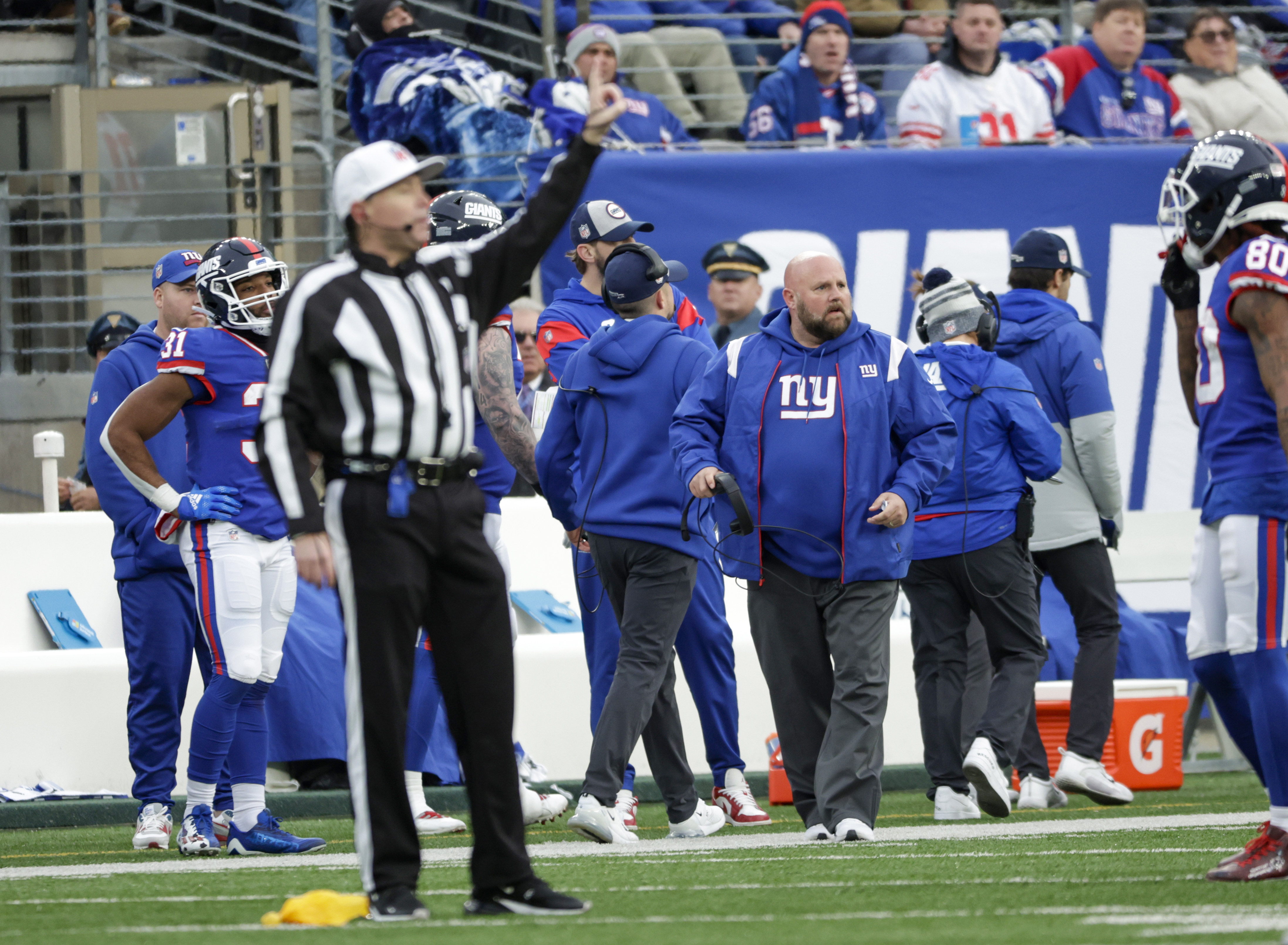 New York Giants guard Jon Feliciano (76) in coverage during an NFL football  game against the