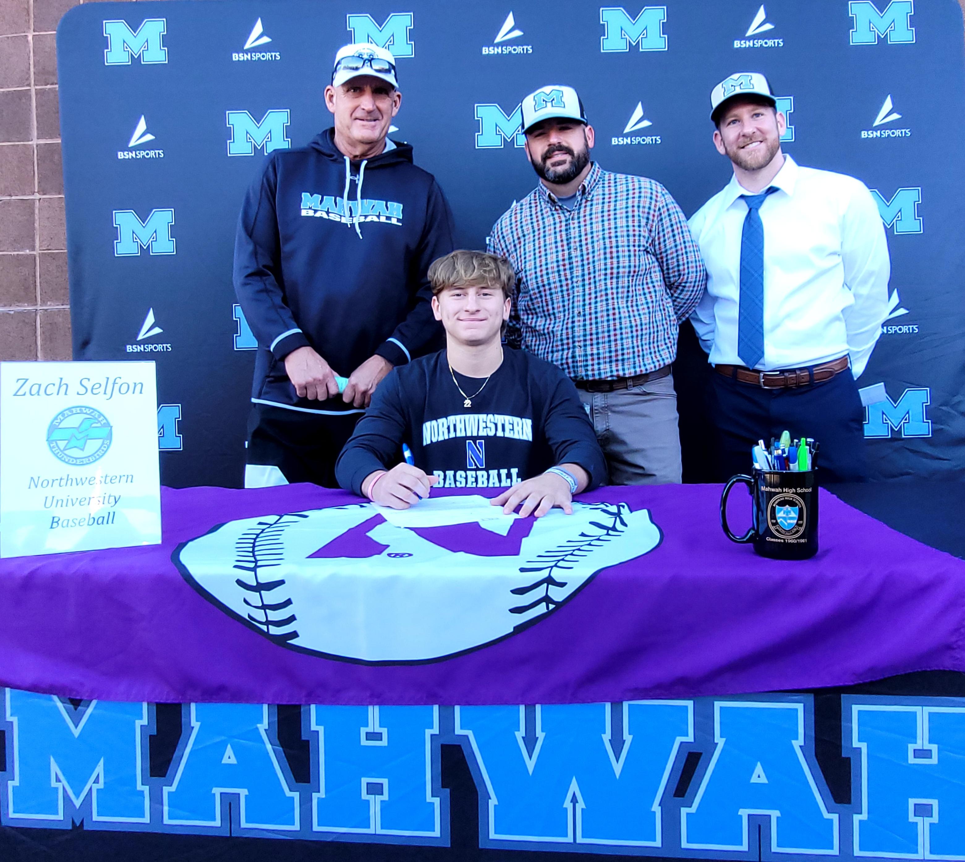Mahwah High School Senior Zach Selfon, signed an NLI to play Baseball at Northwestern University.  Pictured for Left to Right - Mahwah Head Baseball Coach Jeff Remo, Selfon, Assistant Coach Chris Buser, Assistant Coach Keith Normoyle