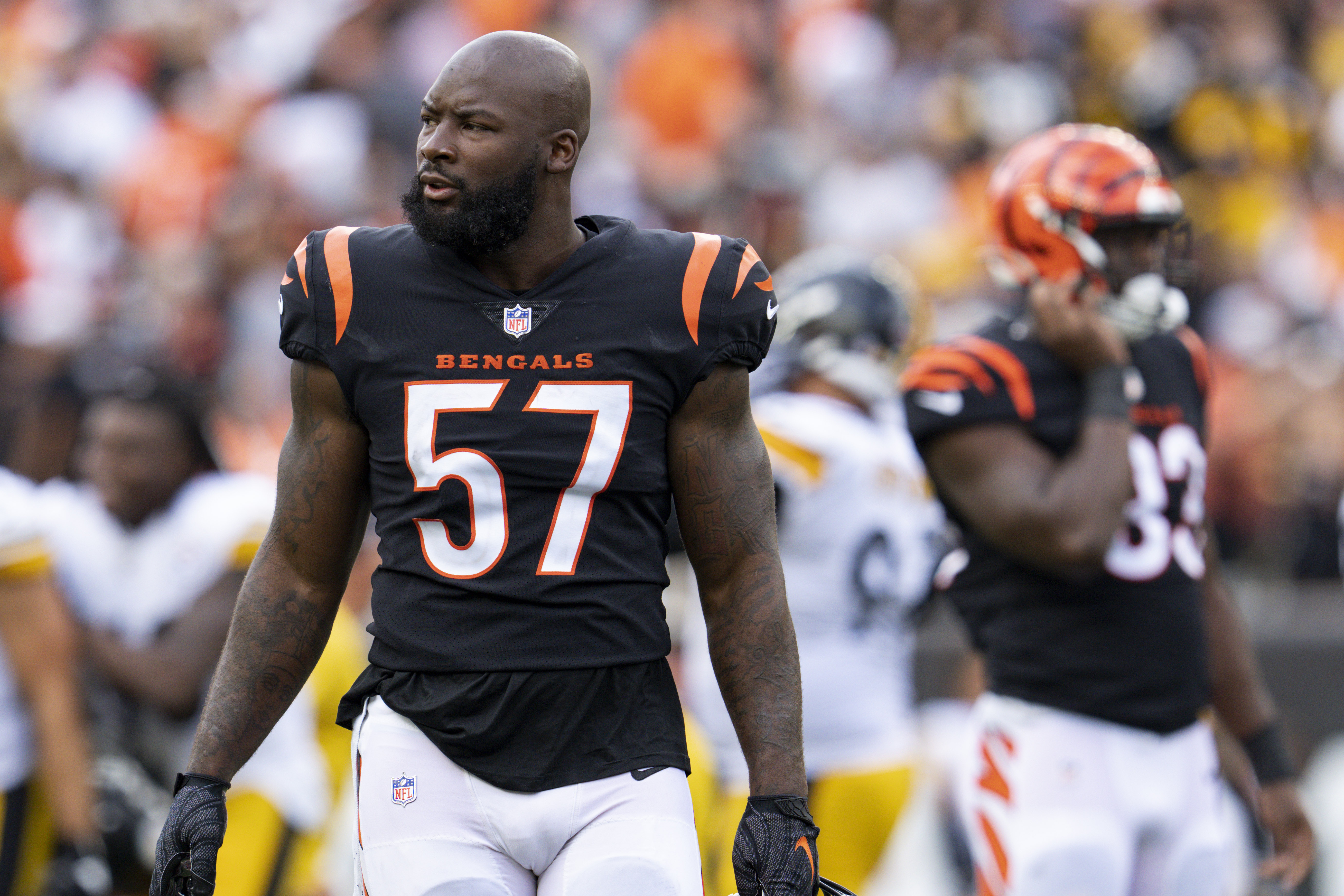 Cincinnati Bengals linebacker Logan Wilson (55) lines up for the snap  during an NFL football game against the Miami Dolphins on Thursday,  September 29, 2022, in Cincinnati. (AP Photo/Matt Patterson Stock Photo -  Alamy