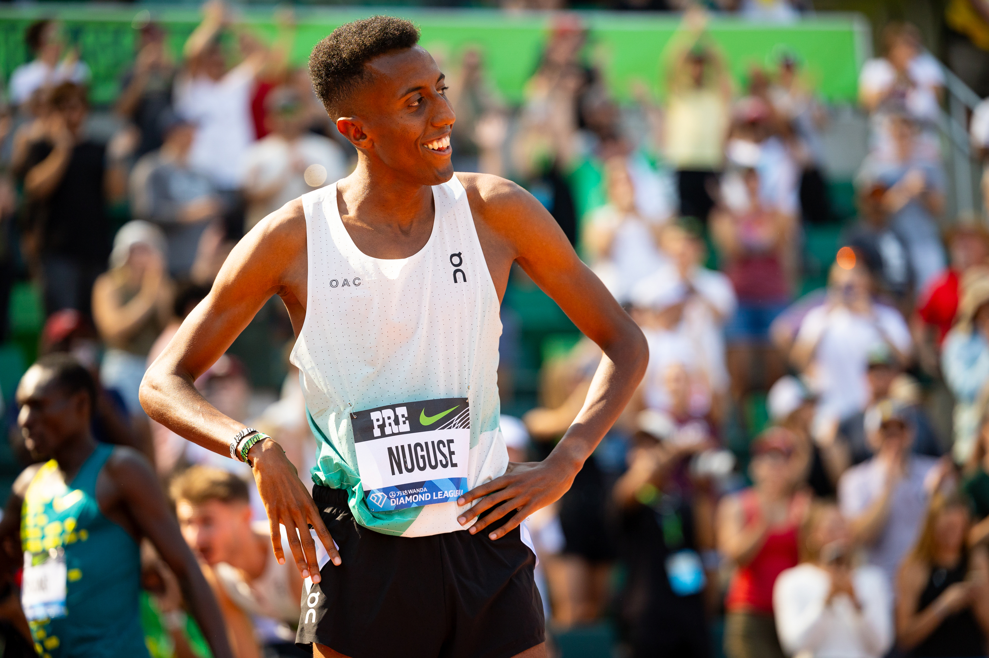 Yared Nuguse of the United States gets set for the men’s Bowerman Mile event at the Prefontaine Classic track and field meet on Saturday, Sept. 16, 2023, at Hayward Field in Eugene. Nuguse finished second in the event, but set an American record in the mile, with a time of 3 minutes, 43.97 seconds.