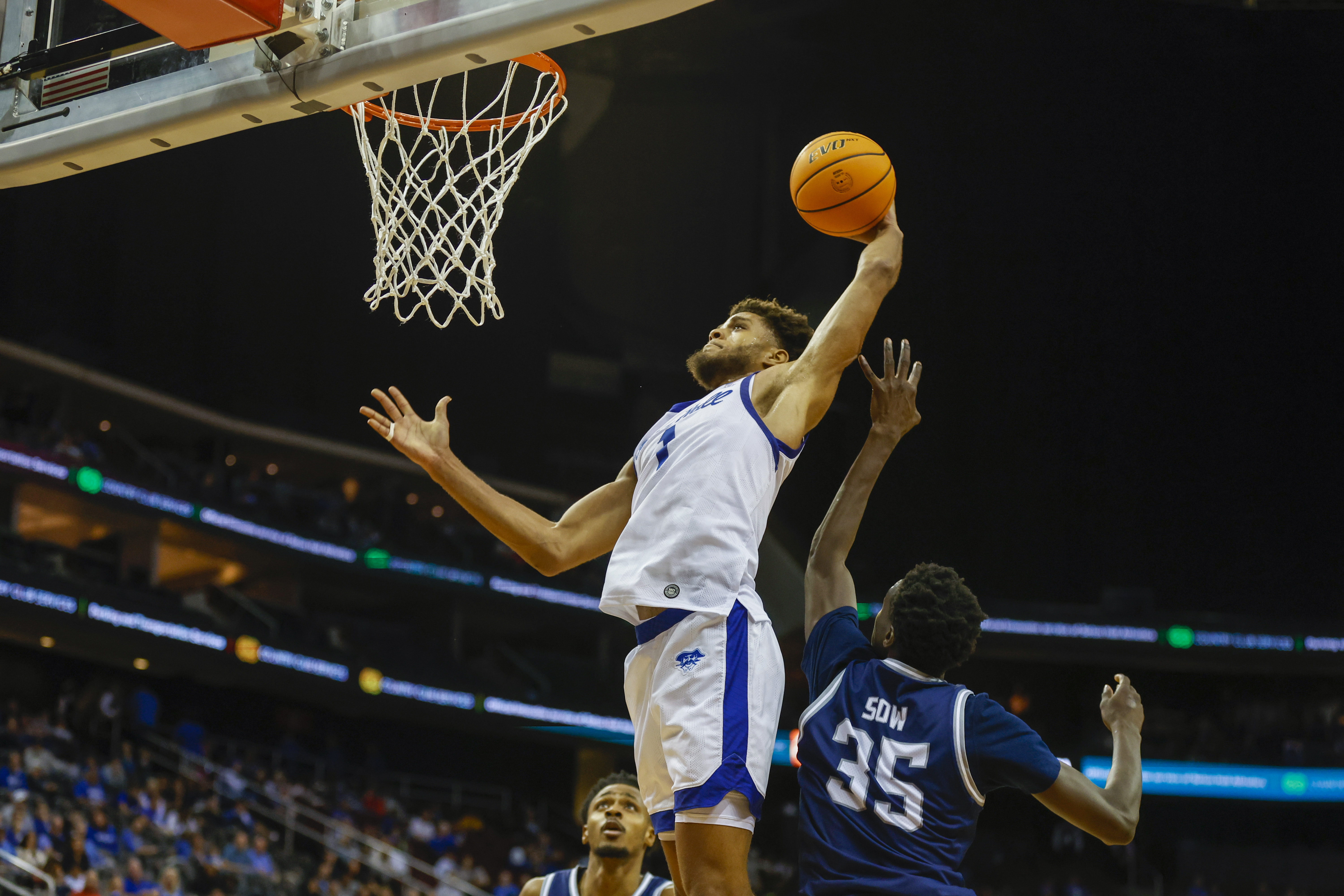 Newark, New Jersey, USA. 5th Feb, 2022. Creighton Bluejays guard Trey  Alexander (23) shoots an off balance shot over Seton Hall Pirates forward  Tyrese Samuel (4) in the second half during NCAA