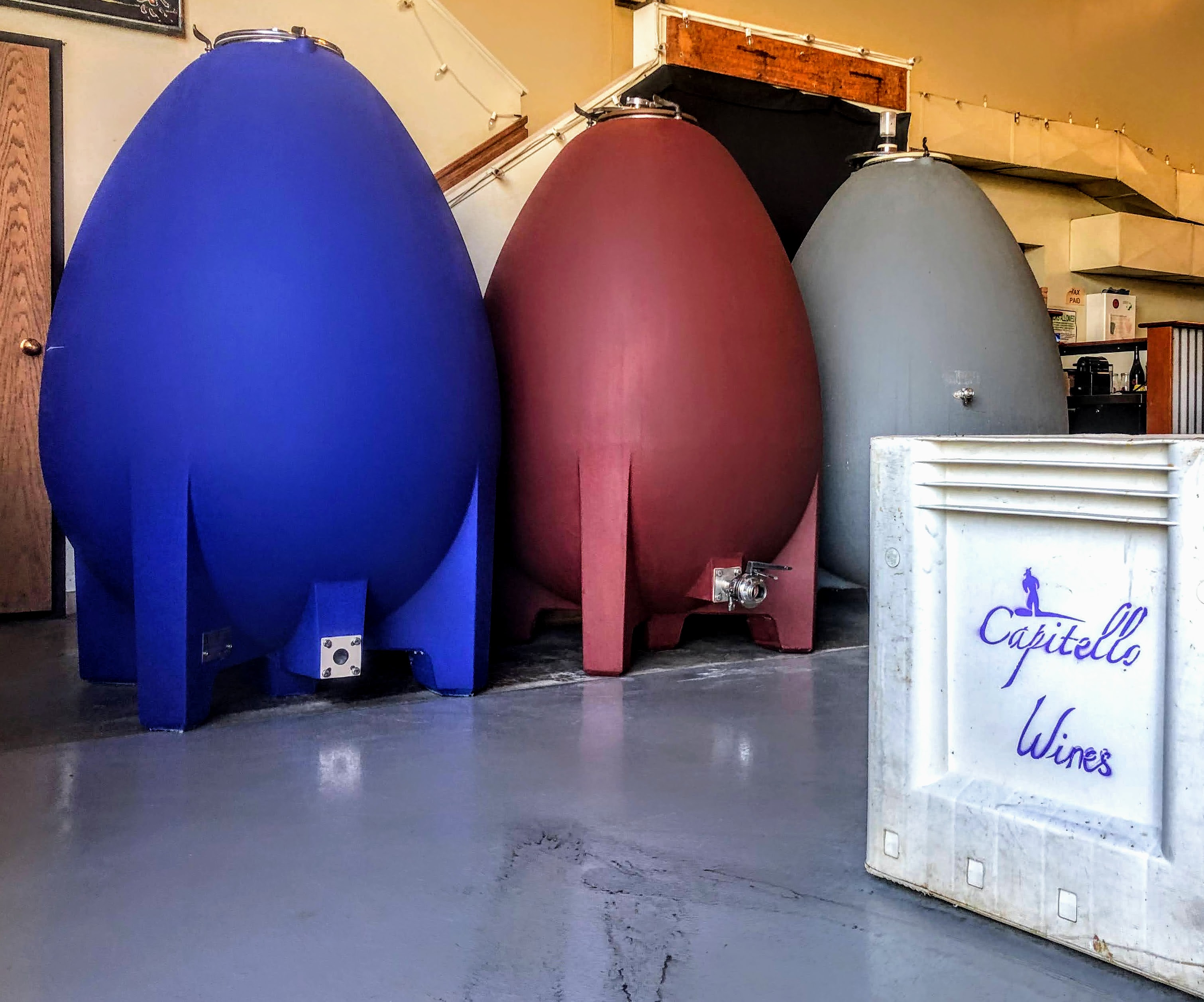 Three egg-shaped wine vats.