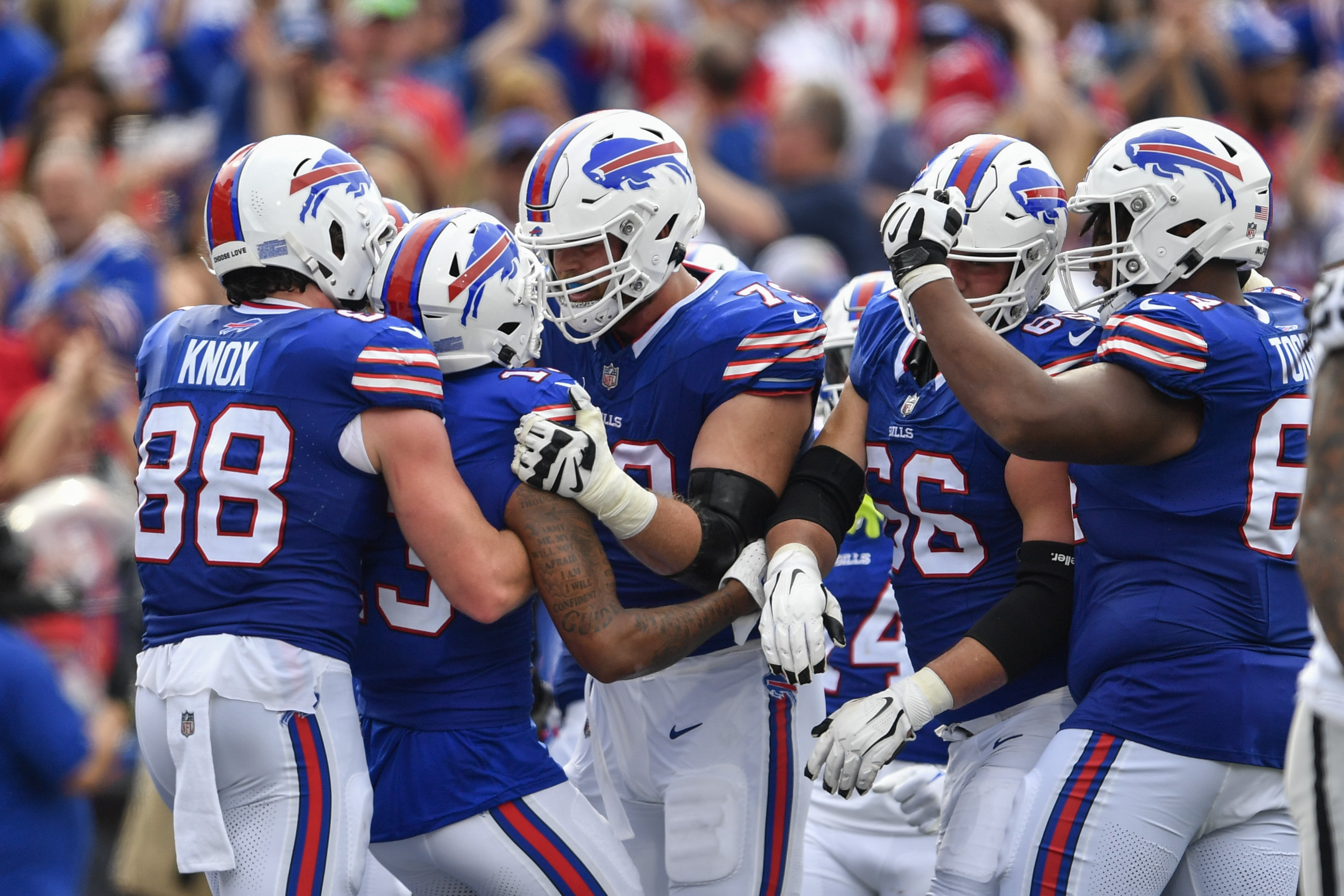 Las Vegas Raiders' Davante Adams (17) celebrates after scoring a touchdown  during the first half of an NFL football game against the Buffalo Bills,  Sunday, Sept. 17, 2023, in Orchard Park, N.Y. (