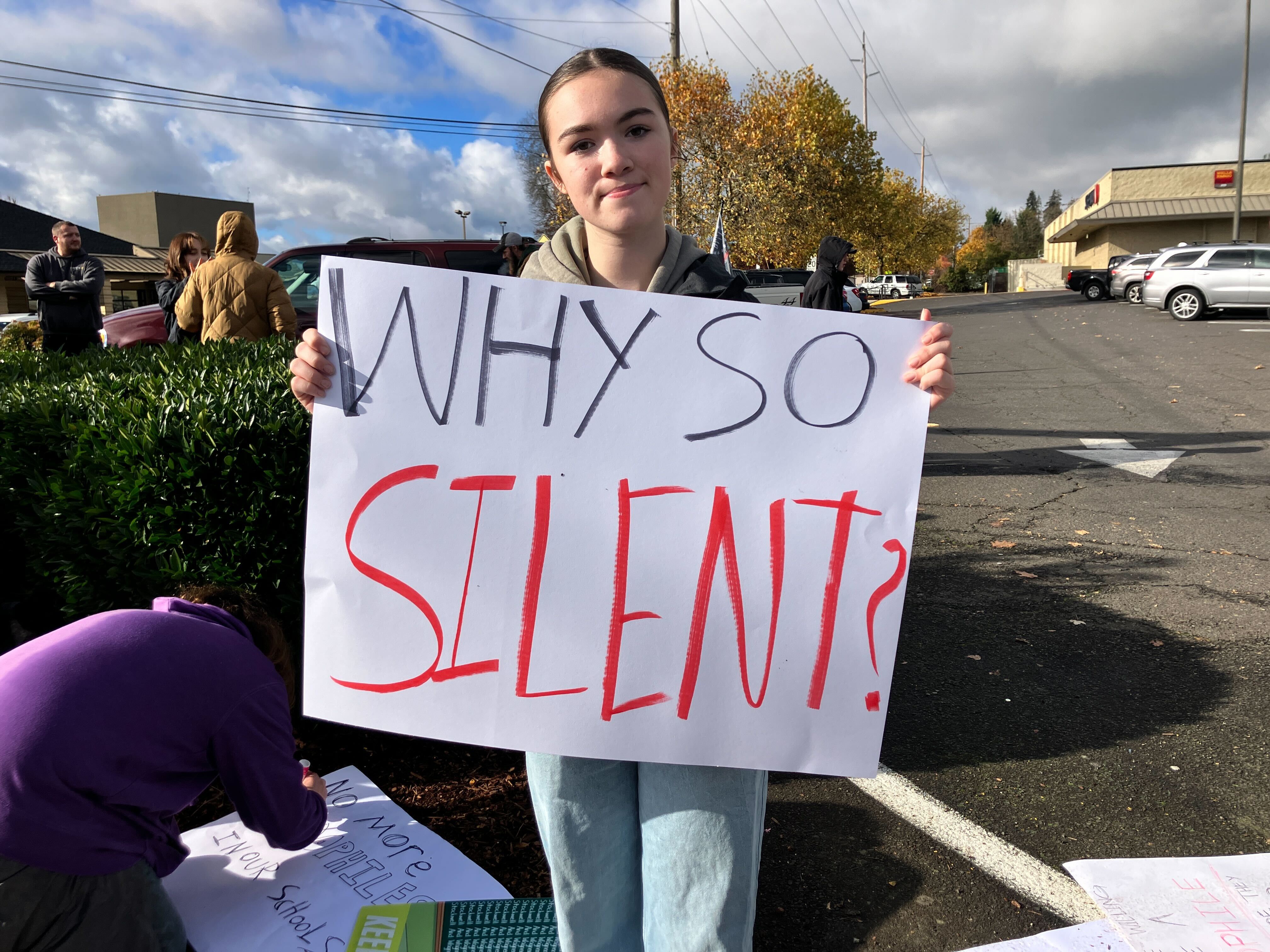 St. Helens High School students and parents protest Friday