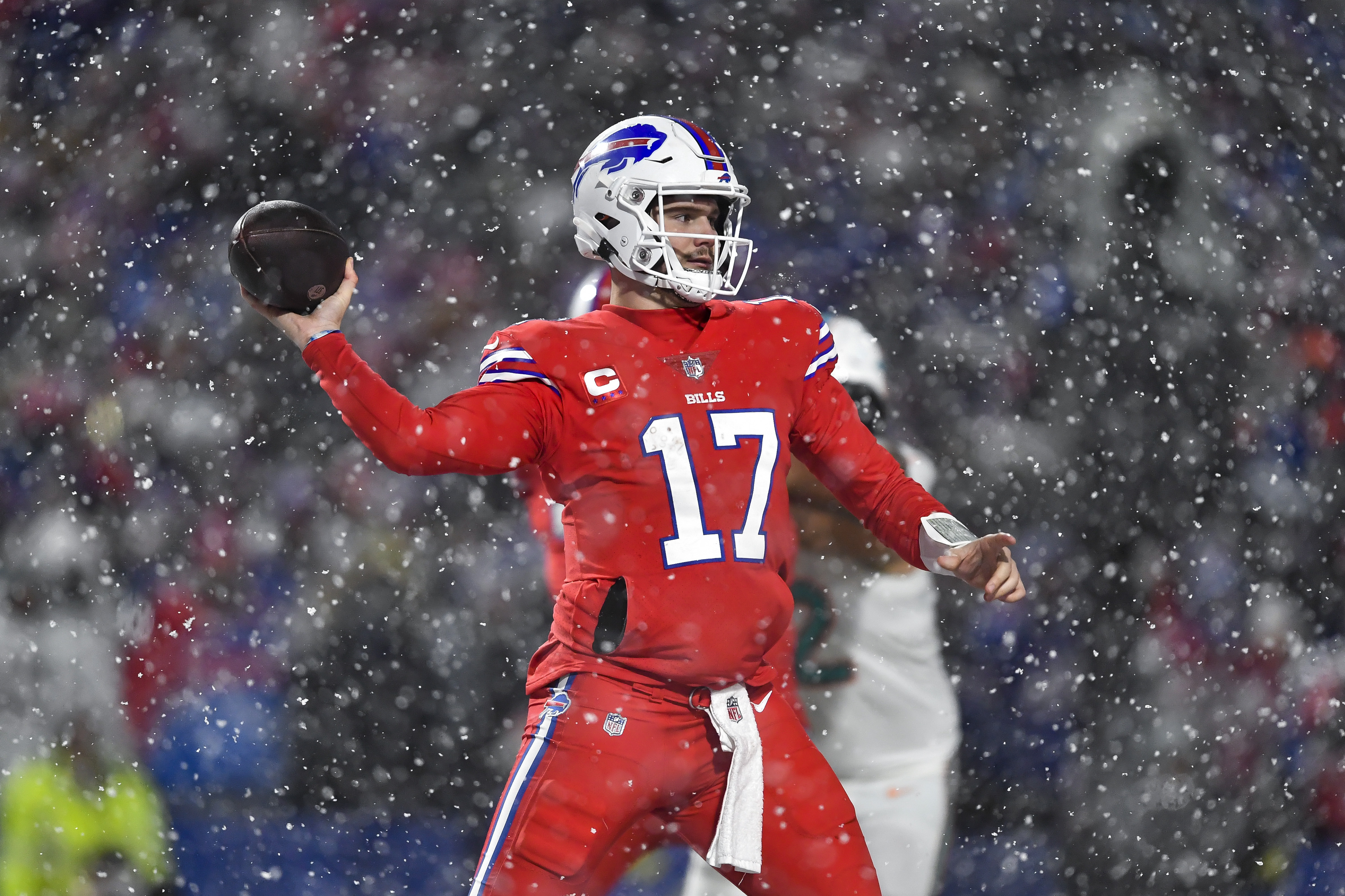 CHICAGO, IL - DECEMBER 24: Buffalo Bills quarterback Josh Allen (17) throws  the football in action during a game between the Buffalo Bills and the  Chicago Bears on December 24, 2022, at