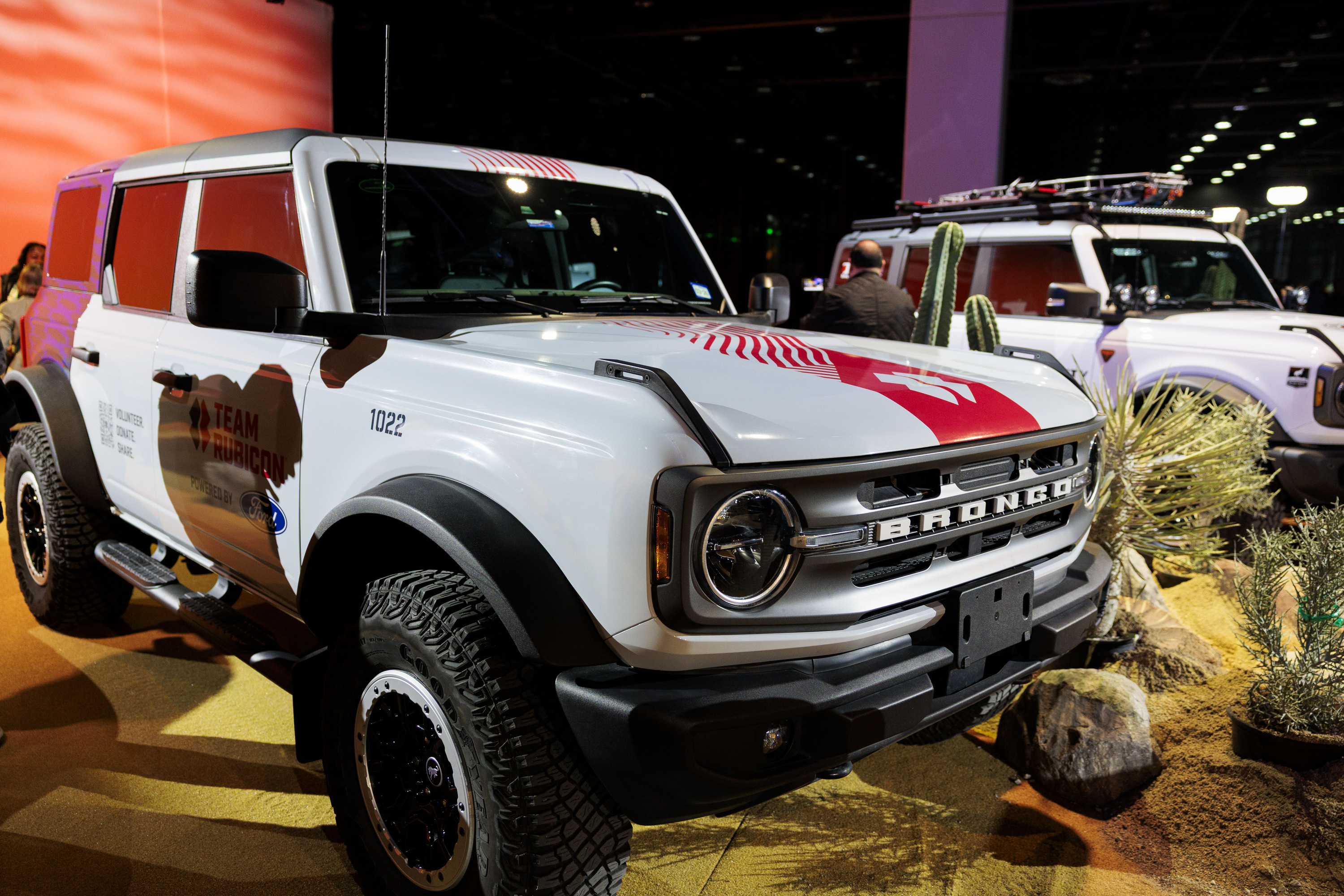 Search and Rescue-styled Ford Broncos during a Ford Motor Company event ahead of the Detroit Auto Show at Huntinton Place in Detroit on Tuesday, Jan. 13 2026.