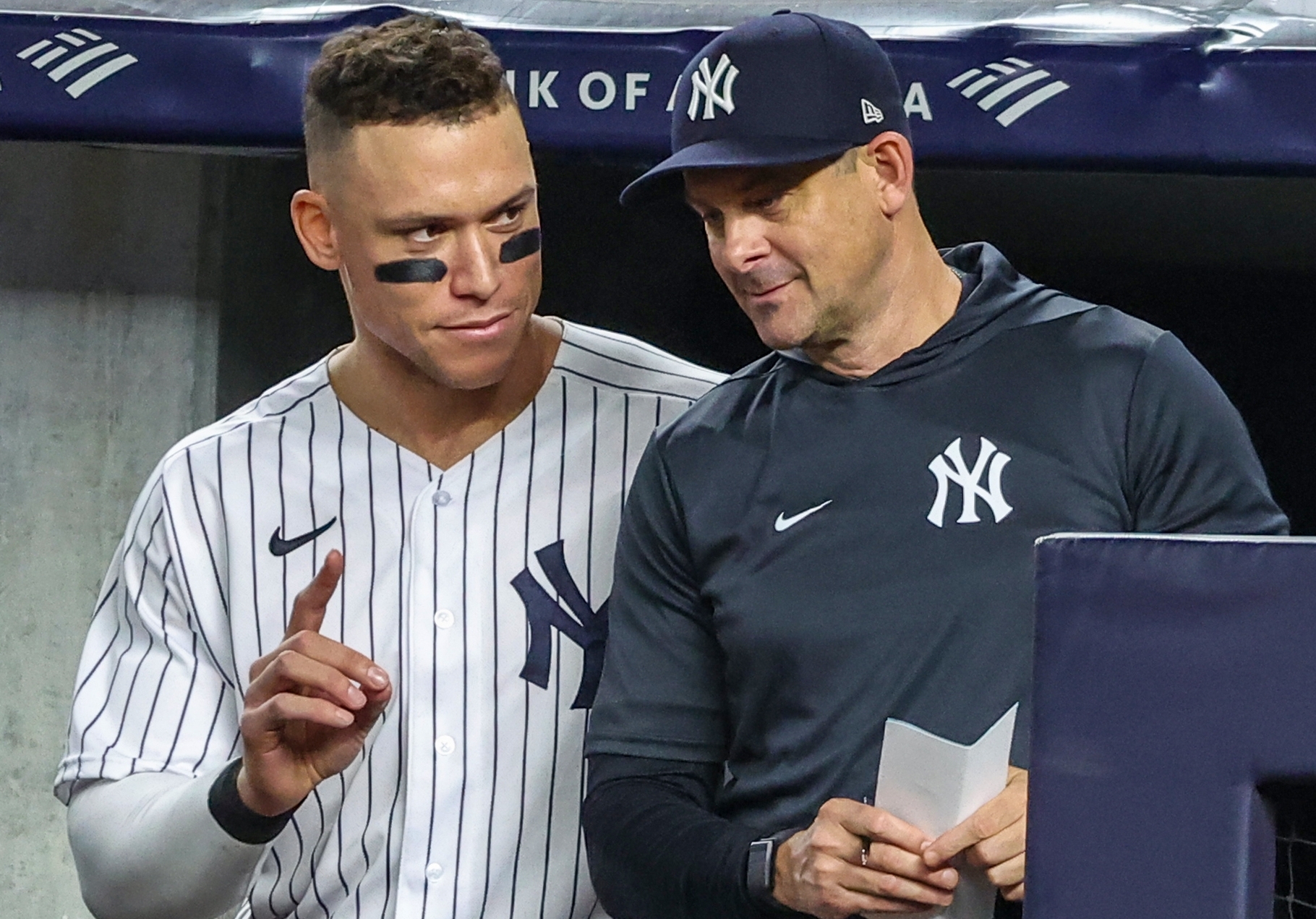 Bronx, USA. 22nd Apr, 2022. New York Yankees manager Aaron Boone  congratulates the team after a win 4-1 against the Cleveland Guardians at  Yankee Stadium on Friday, April 22, 2022 in New