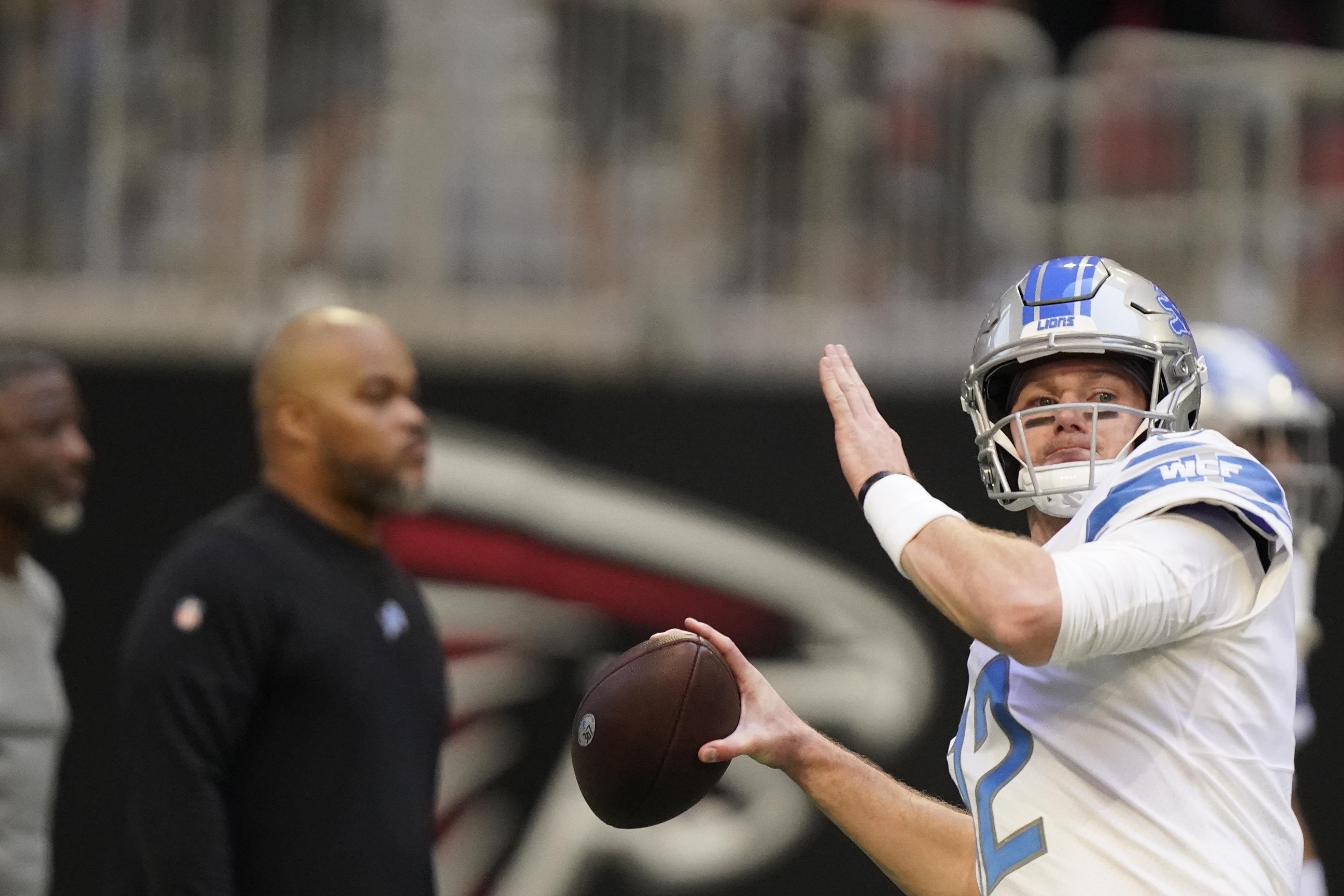 Detroit Lions quarterback Tim Boyle warms-up before an NFL