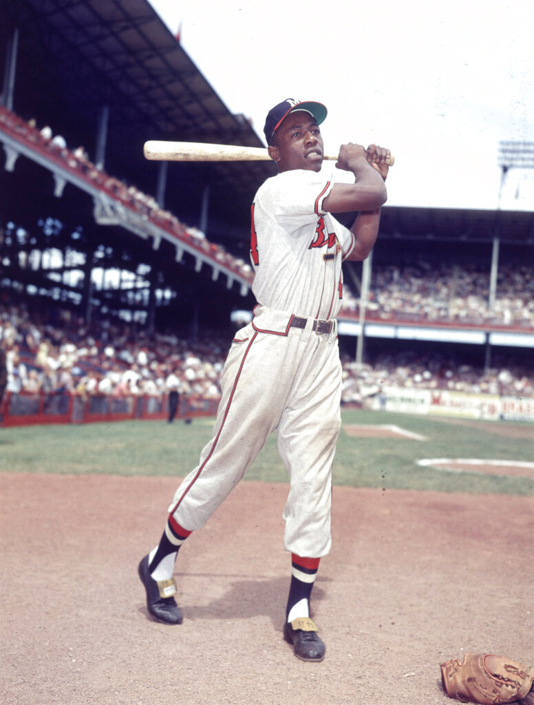 Hall of Fame outfielders Hank Aaron (L) and Willie Mays at Dodger