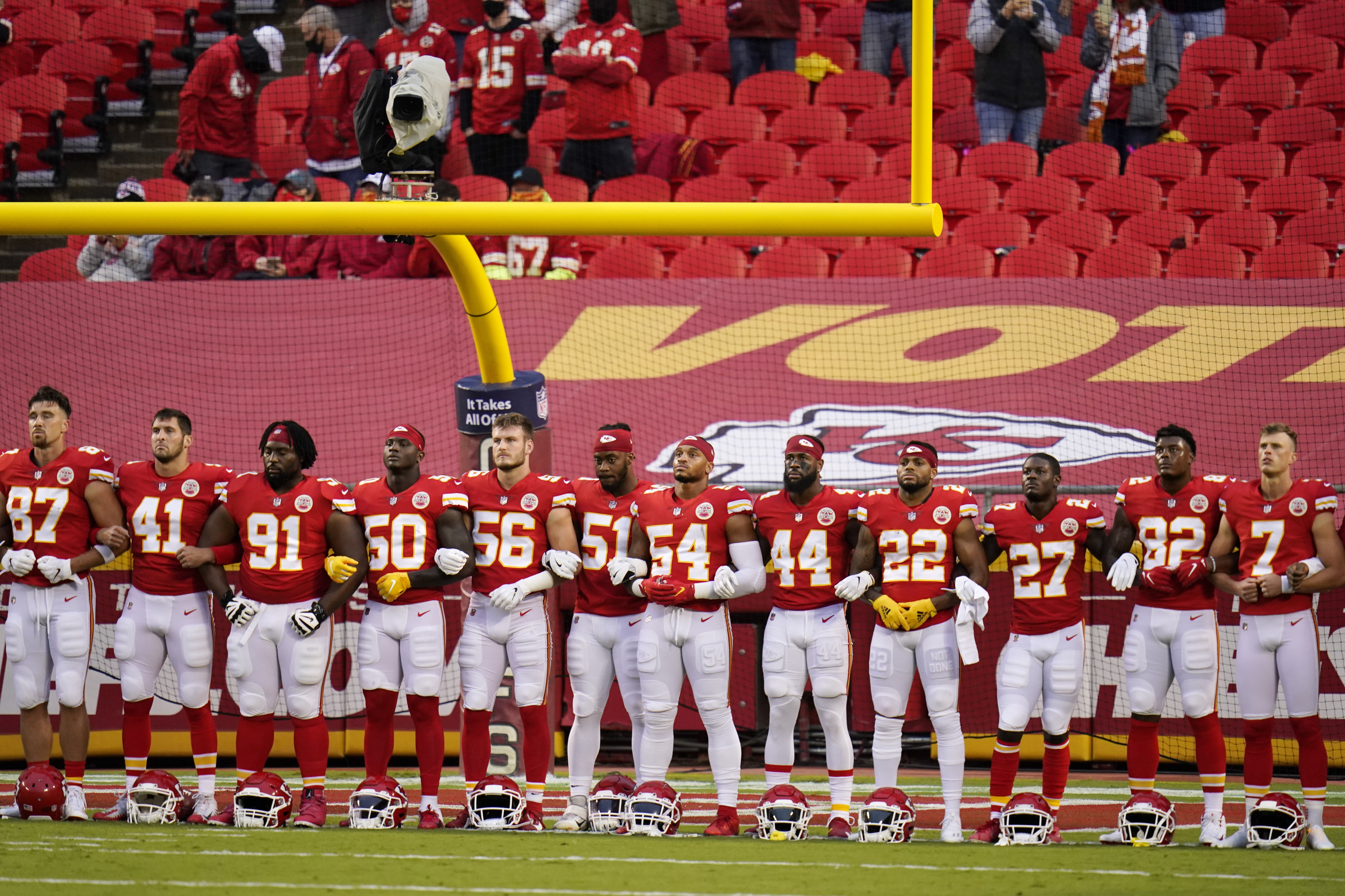 Chiefs take field for the national anthem, 'Lift Every Voice and Sing';  Texans stay in locker room