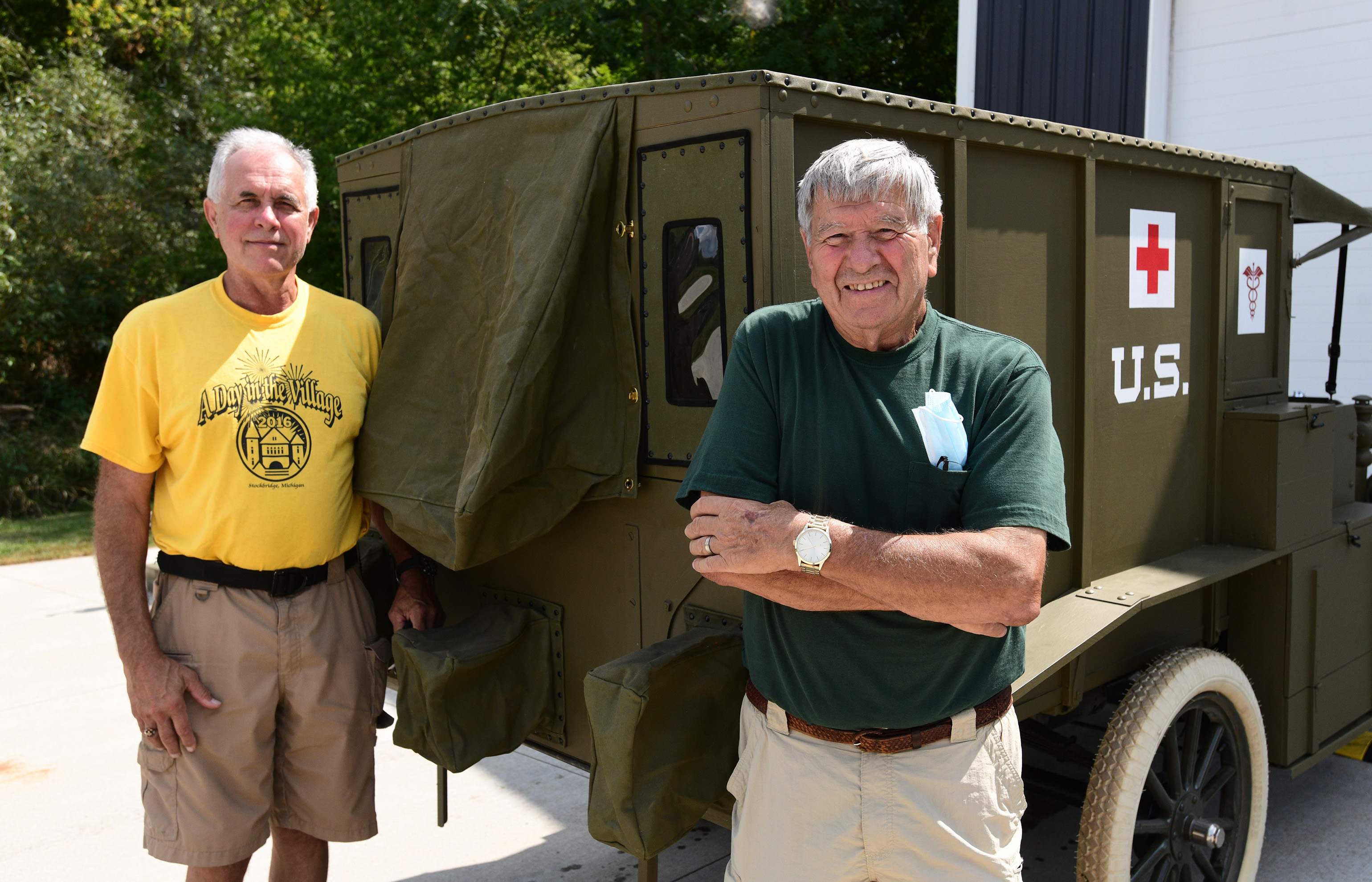 Volunteers Mike Coppernoll, right, and Richard Lambert helped the Michigan Military Heritage Museum convert a 1917 Ford Model T to a World War I era ambulance. The ambulance was on display at the Grass Lake museum on Thursday, Aug. 27, 2020. It took three years for the restoration to complete.